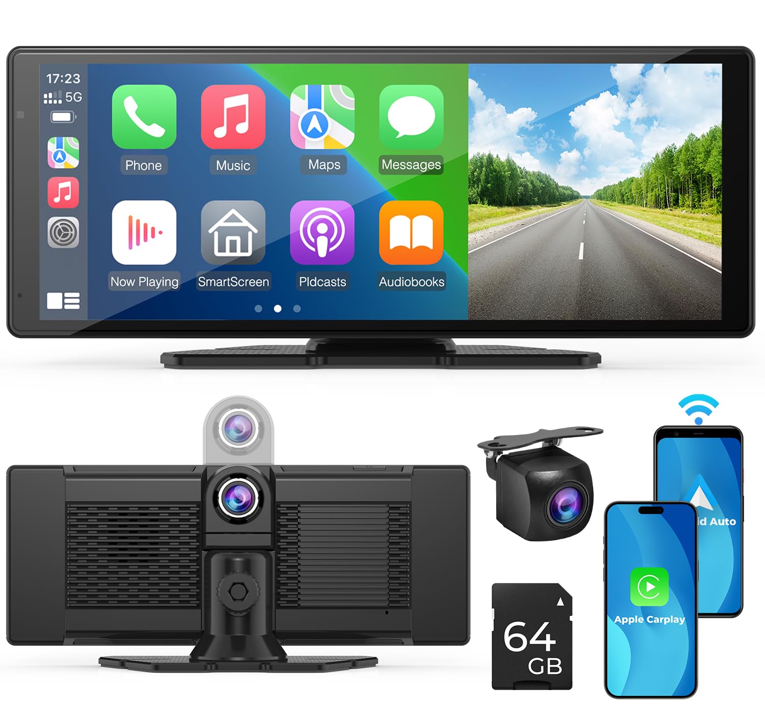Écran CarPlay 10,26Pouces sans Fil, Dashcam 2,5K, Caméra Arrière 1080P, EQ | Navigation GPS, Bluetooth, FM, AUX, Enregistrement en Boucle, Carte TF 64 Go, Android Auto, Installation Facile