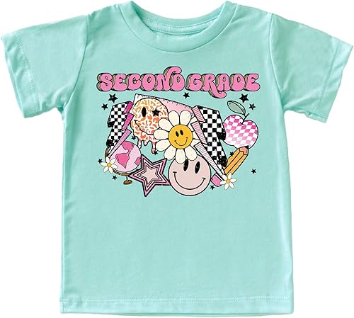 Olive Loves Apple Fun Retro 2nd Grade Smiley Face First Day of School & Last Day of School Gift Back to School T-Shirt