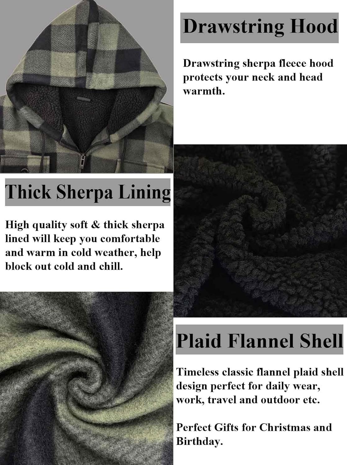 Heavyweight Hoodies for Men Zip Up Sweatshirts Plaid Flannel Sherpa Fleece Lined Winter Jacket Warm Coat - Image 3