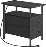 HOOBRO End Table with Charging Station, Narrow Side Table, Nightstand with 2 Non-Woven Drawers, Slim Sofa Side Table, for Small Spaces, Living Room, Bedroom, Rustic Brown and Black BF486UBZ01