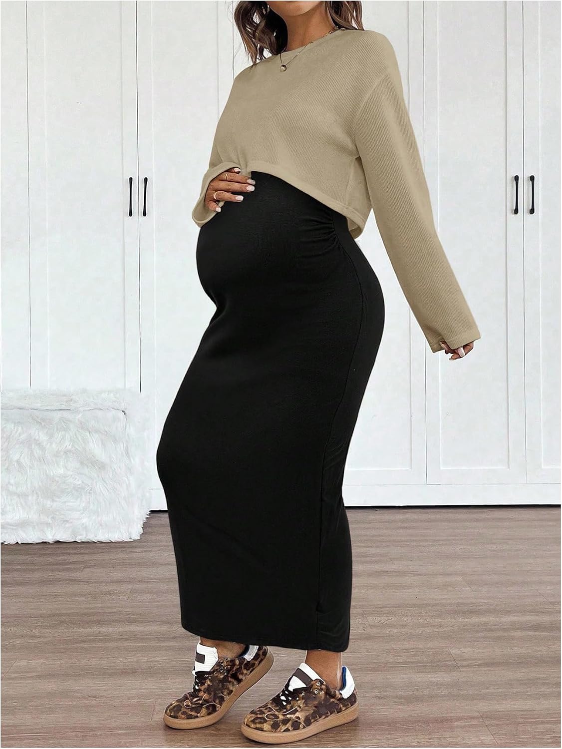 MakeMeChic Women's Maternity 2 Piece Outfits Sleeveless Long Cami Dress and Crop Tops Set