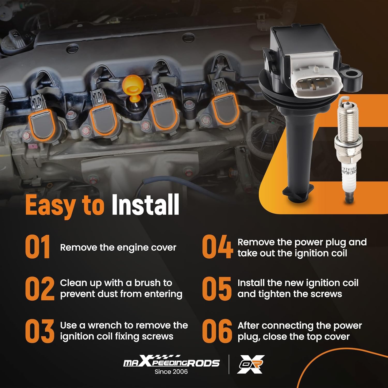 maXpeedingrods UF517 Ignition Coil Pack and Iridium Spark Plugs for Volvo S40 C30 C70 S40 S60 V50 V70 XC70, 2.4L 2.5L L5 Engine Coils Kit AP5325