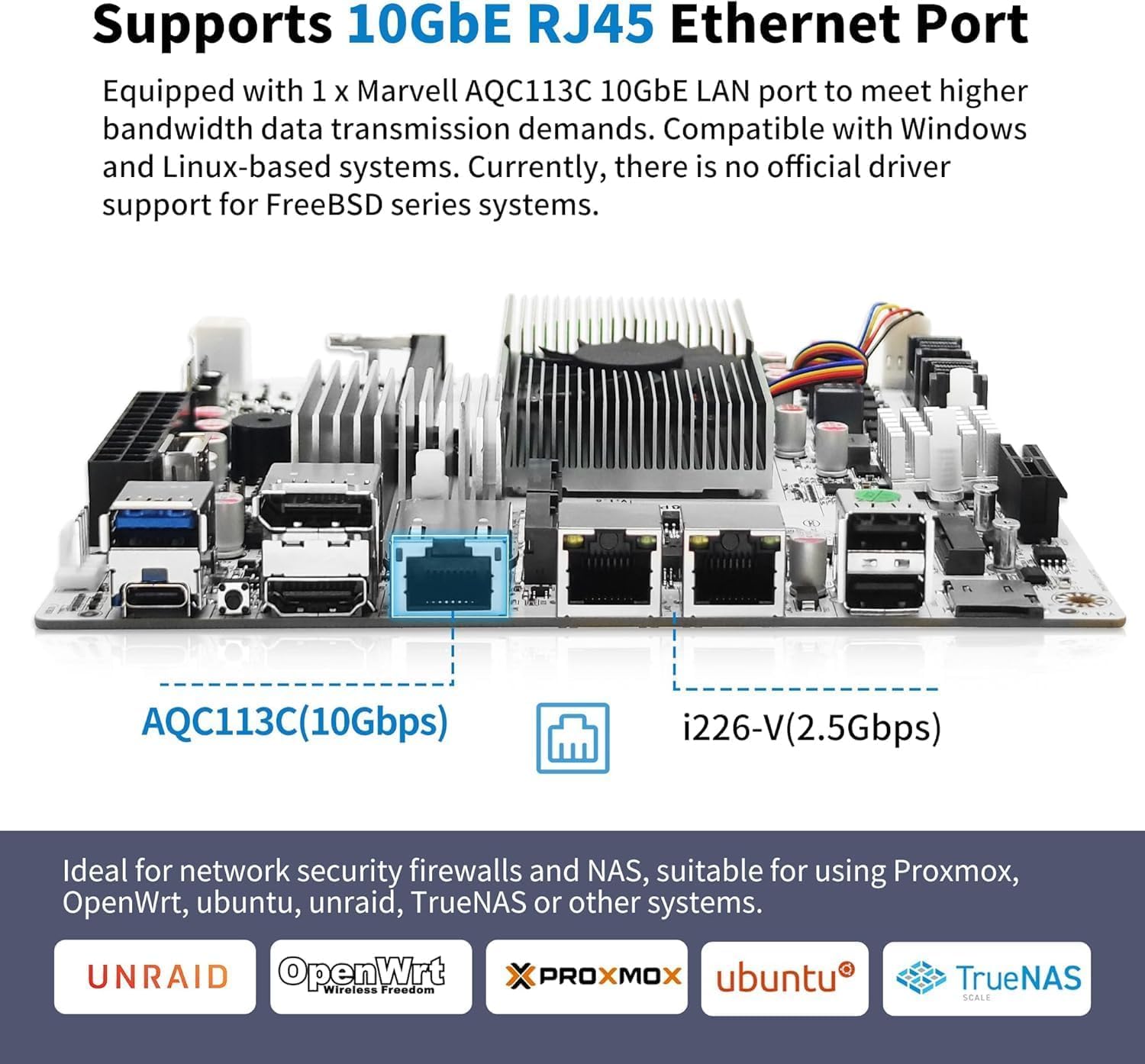 10GbE N150 N355 NAS Motherboard, 8 Bay mainboard mit CPU mit 10GbE RJ45, Mini ITX Mainboard in Weiß, 2X NVMe, Dual 2.5GbE LAN, M.2 WiFi, DDR5, USB-C, PCIe x1, NO RAM NO SSD (N150+2XSFF-8643-4SATA)