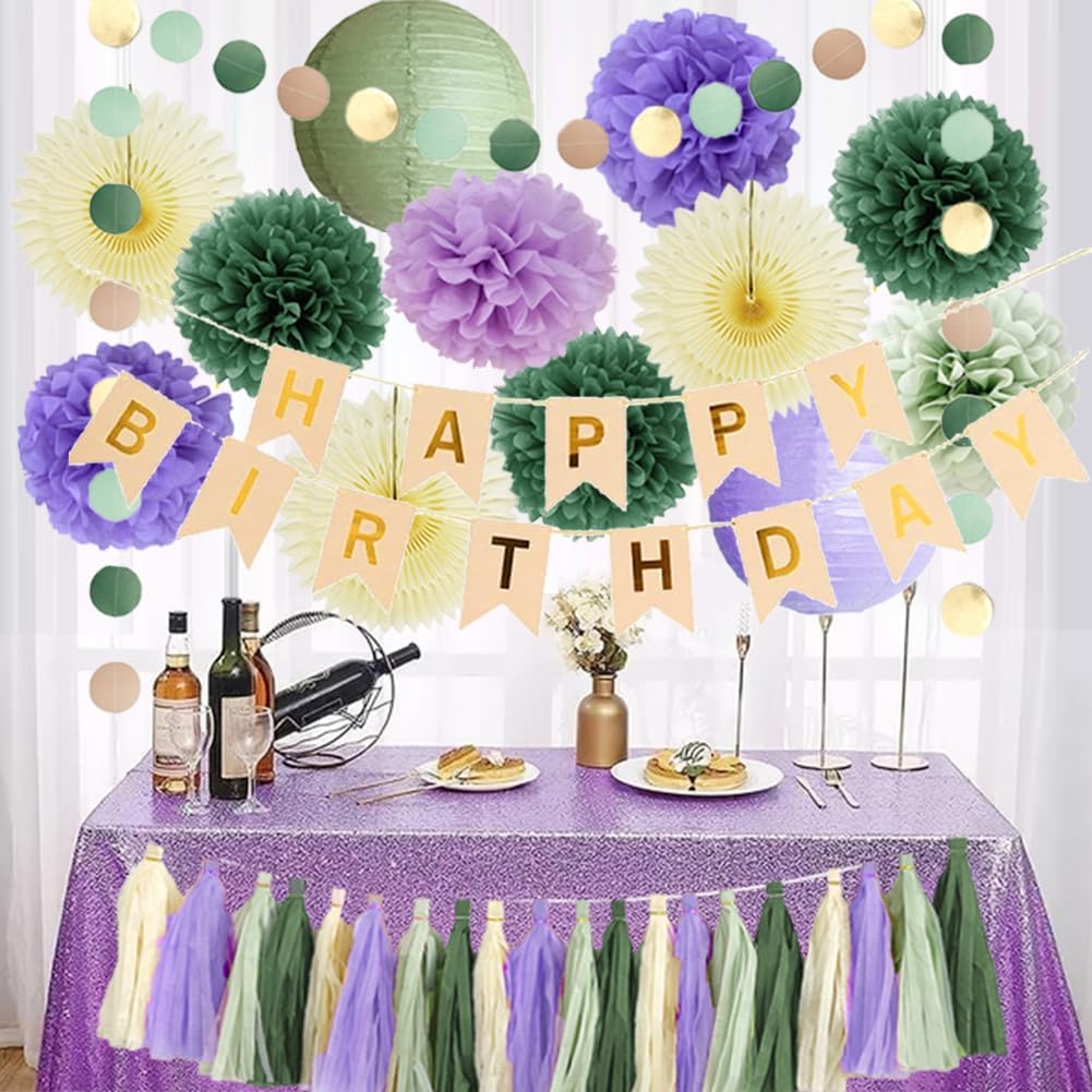 Lavender and Sage Green Birthday Decorations Lilac Sage Green and Purple Birthday Decorations for Girls Women with Lavender Purple Cream Dusty Green Tassel Garlands Banner Beige and Gold