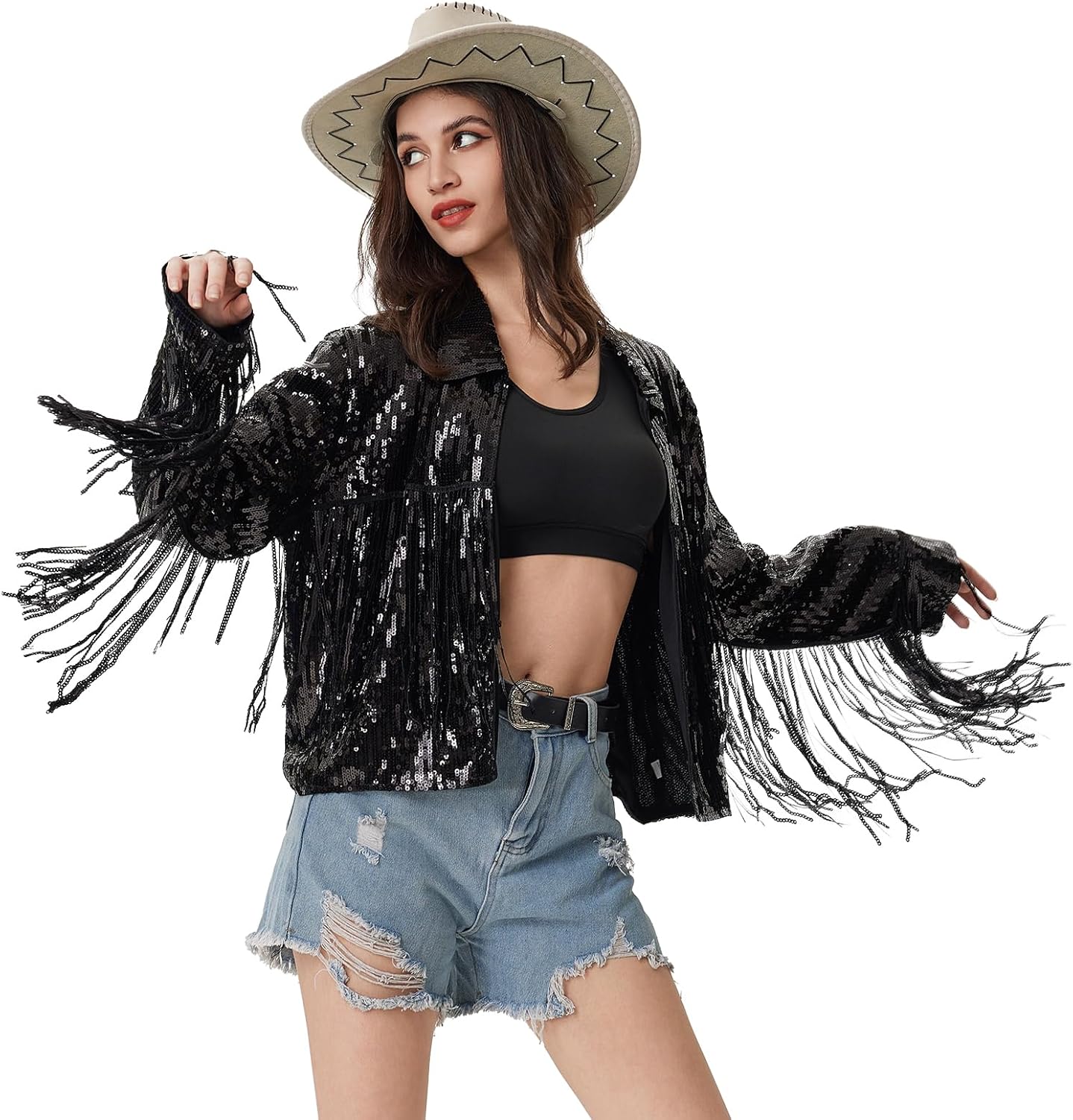 MISI CHAO Sequin Fringe Jacket Shiny Disco Cowgirl Outfit Theme Y2K 90s Streetwear Jacket Glitter Tassel Coat - Image 2