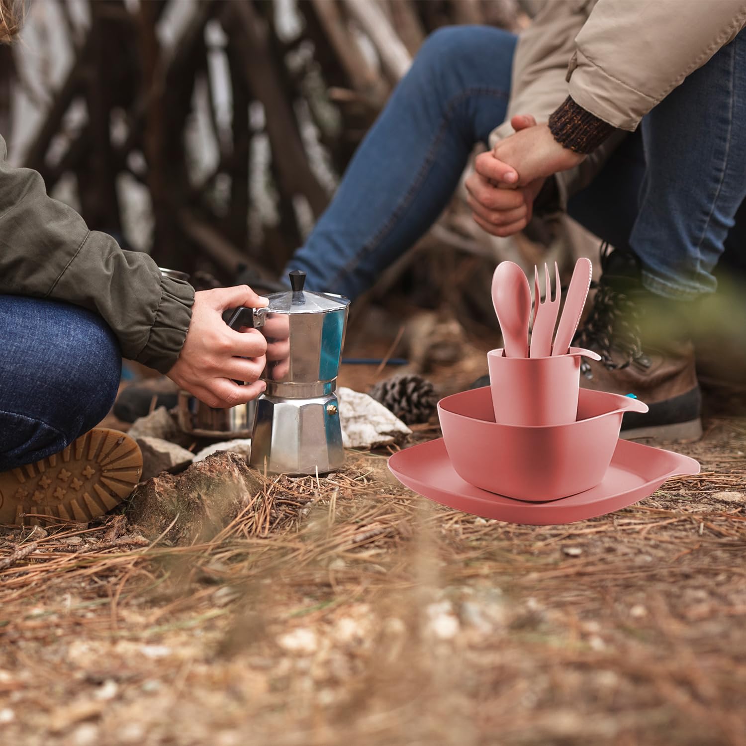 CALIPSO Set di stoviglie da campeggio per 1 persona | stoviglie in plastica infrangibili, 3 pezzi da campeggio, set di stoviglie per giardino, stoviglie in plastica con piatto, ciotola, tazza e posate