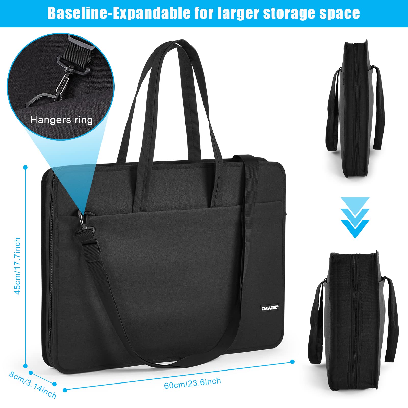 IMAGE Art Portfolio Tasche 23.6 * 17.7 * 3.14 Zoll Kunst Tragespeicher Fall wasserdicht Reißbrett Tasche mit Schultergurt und versteckte Schnalle für Kunstwerk, Skizzieren und Zeichen, Schwarz