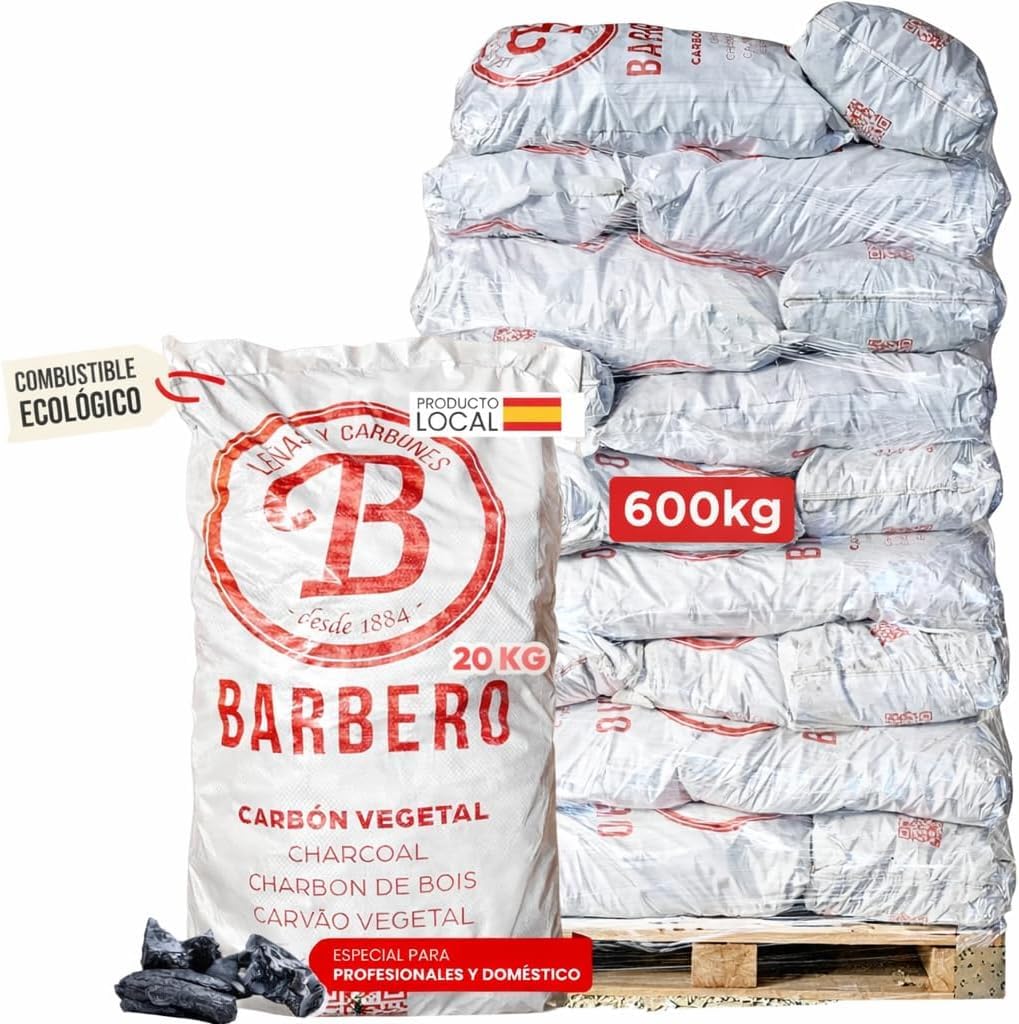 Palet Carbón Vegetal Encina 100 Natural Grueso Profesional 30 Sacos 20kg Hostelería Aroma Sabor Carnes Pescados Combustión Lenta Sin Humo Alta Temperatura Cocina Exterior Parrilla Gourmet