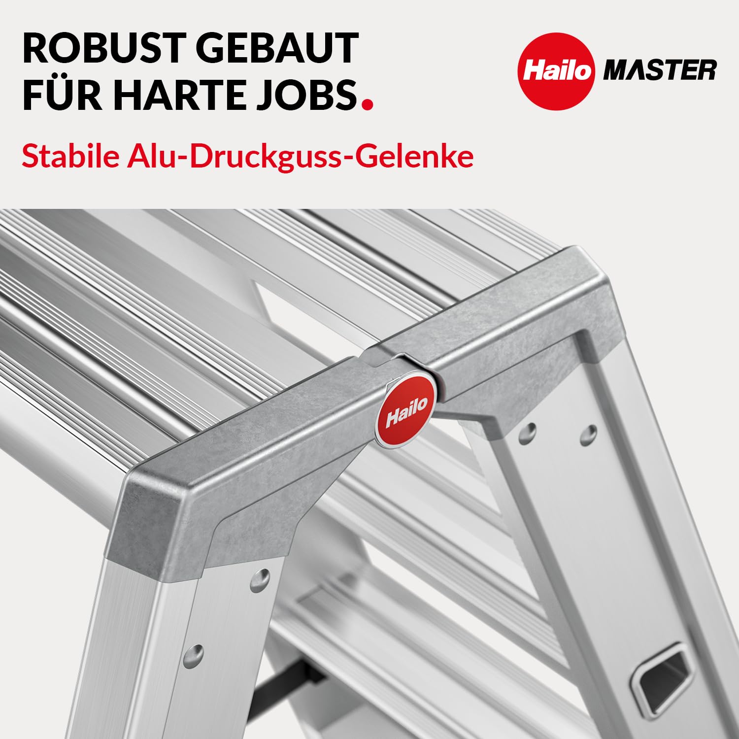 Hailo Master D100 Aluminium Doppelstufenleiter – beidseitig begehbare Stufenleiter - breite Rutschhemmende Stufen - große Abstellfläche - 2 x 8 Stufen - EN 131 geprüft - belastbar bis 150 kg