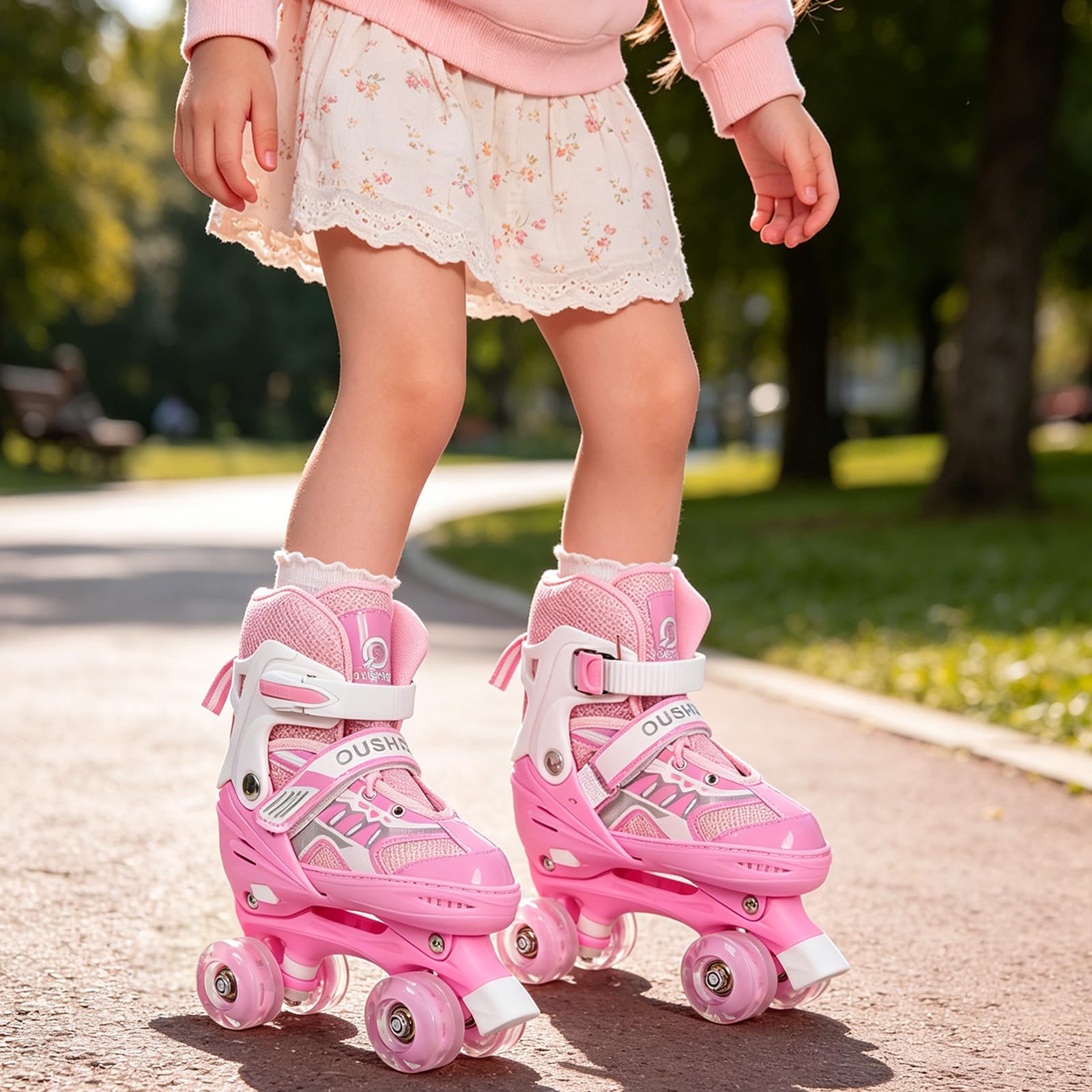 OHMG Roller per bambini, bambine e ragazzi, pattini a rotelle per bambini, 4 dimensioni regolabili, pattini a rotelle per bambini con 8 ruote luminose, pattini a rotelle per bambini per principianti