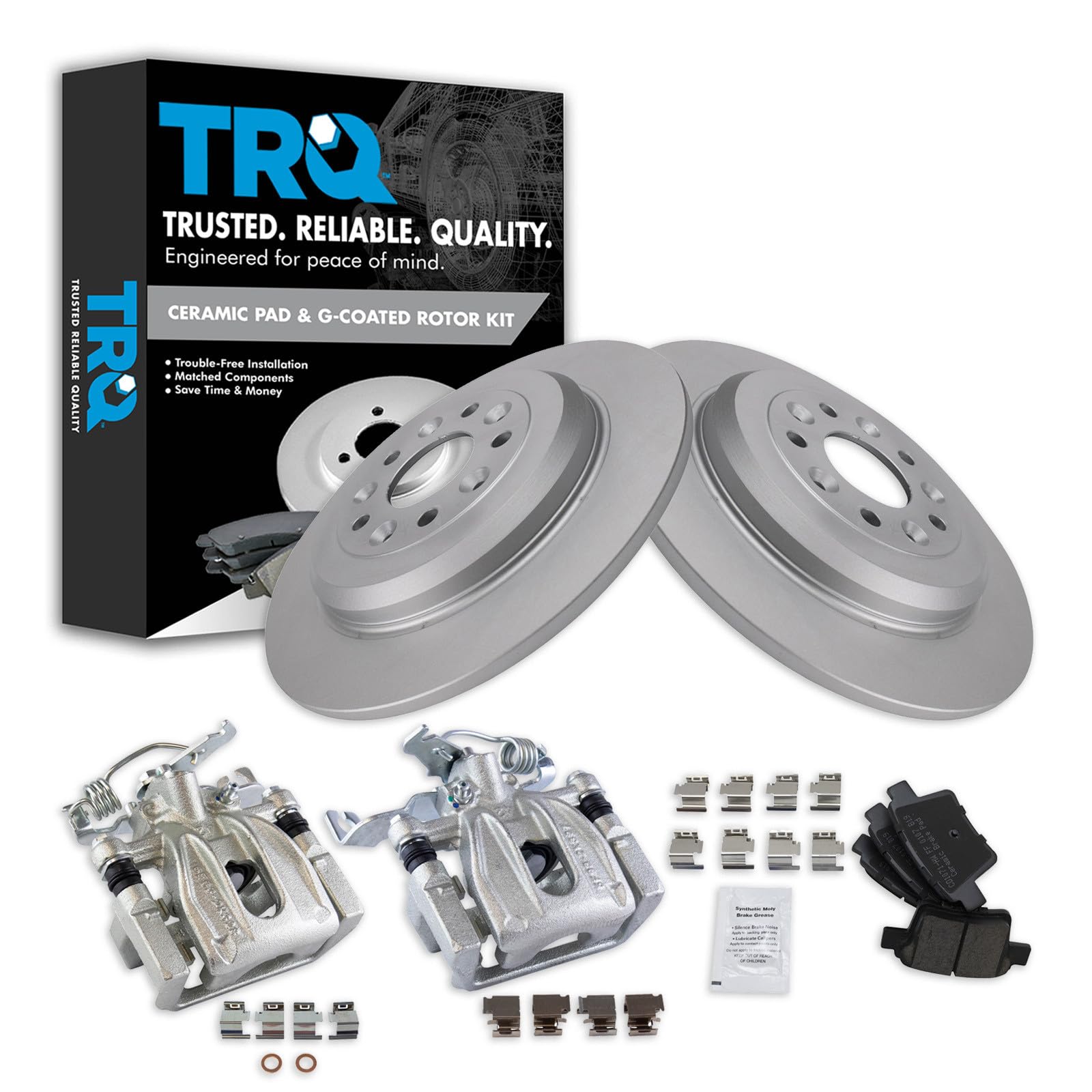 TRQ Rear Brake Pad and Rotor Set Ceramic Solid Rotors Calipers