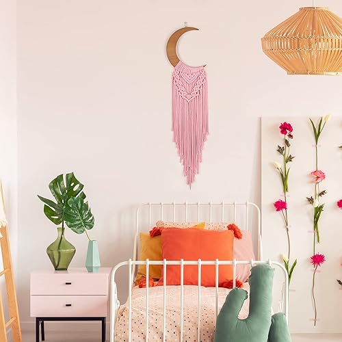 Miniatura 4 de ANROYE Macramé para colgar en la pared, decoración bohemia de luna creciente con borla larga, tapiz de madera único hecho a mano, decoración del