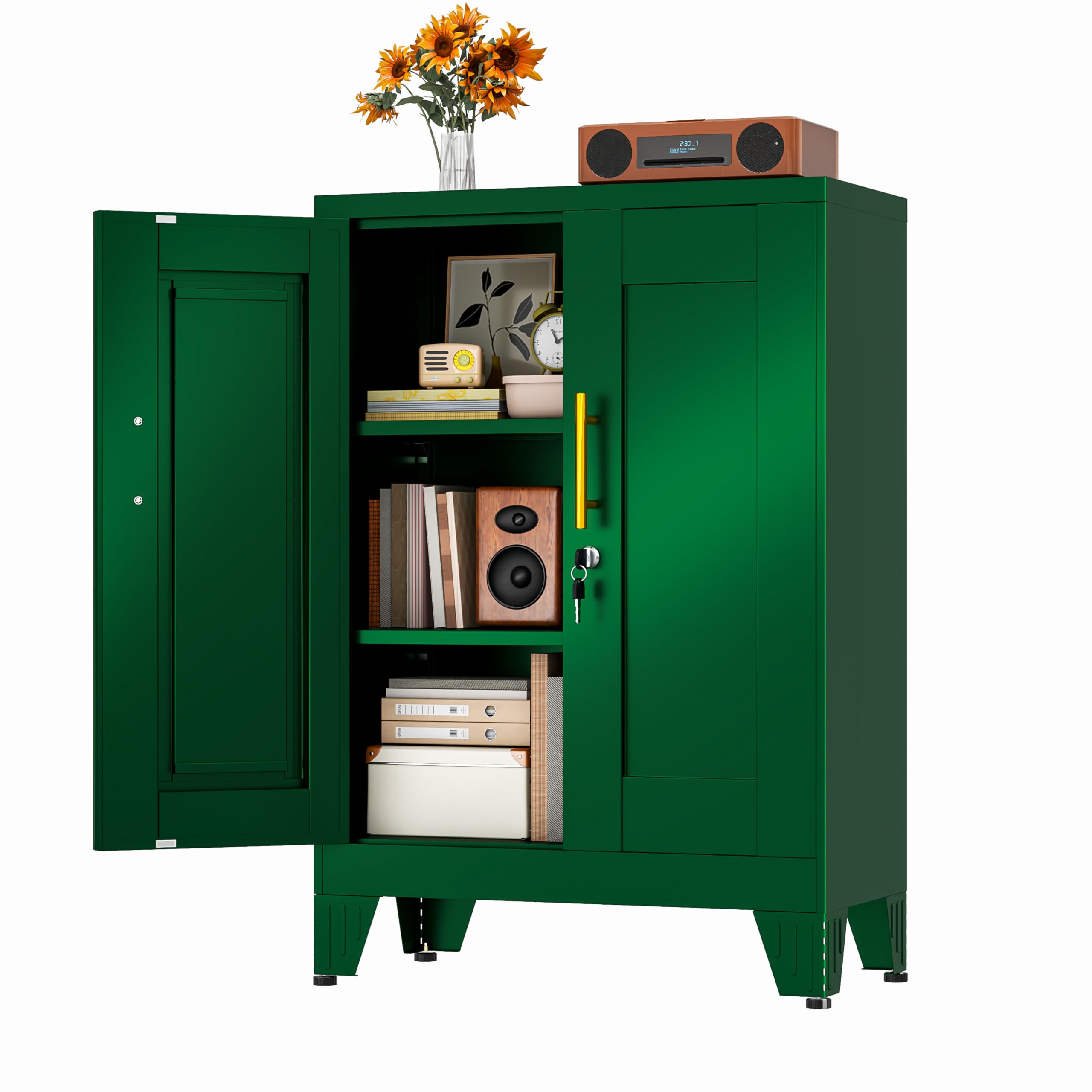 RISTERN Green Metal Storage Cabinet, 36" Tall Locking Storage Cabinet with 2 Adjustable Shelves, Steel Locker Organizer, for Office, Home, School,
