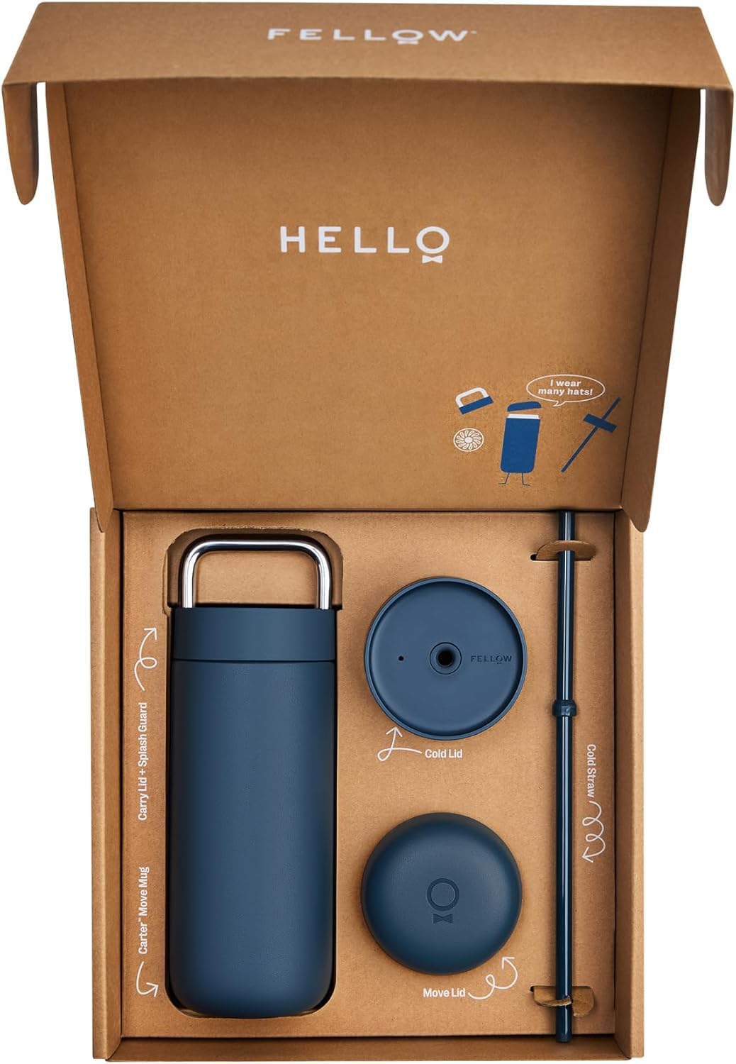 Fellow Carter 16 oz Travel Mug, 3 Lids Included - Ceramic Lined Insulated Coffee Tumbler with Straw, Leakproof, Dishwasher Safe, Vacuum Insulated Stainless Steel, Keeps Hot 12H Cold 24H - Stone Blue