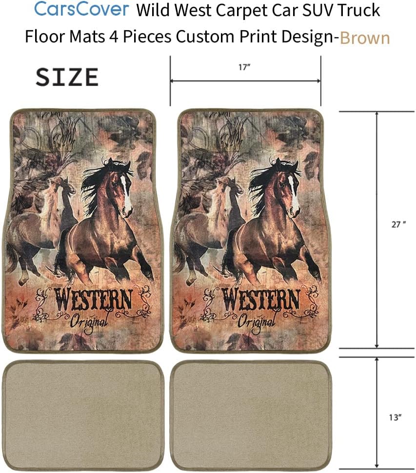 Brown Horse Original Western Script with Flowers on Background Wild West Car Truck SUV Universal-fit Front & Rear Seat Carpet Mustang Horse Floor Mats - 4PC