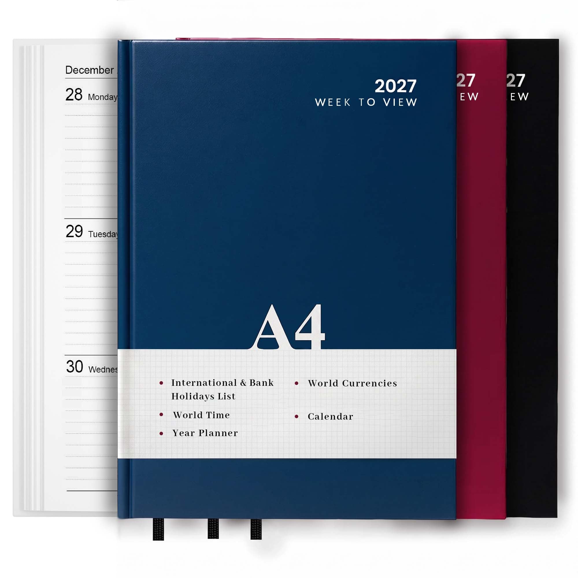 2027 Diary A4 | A5 Day a Page | Week to View Hard Backed Casebound Desk Diary with Ribbon Marker for Business, Office & Personal Use (Blue, A4 Week to View)
