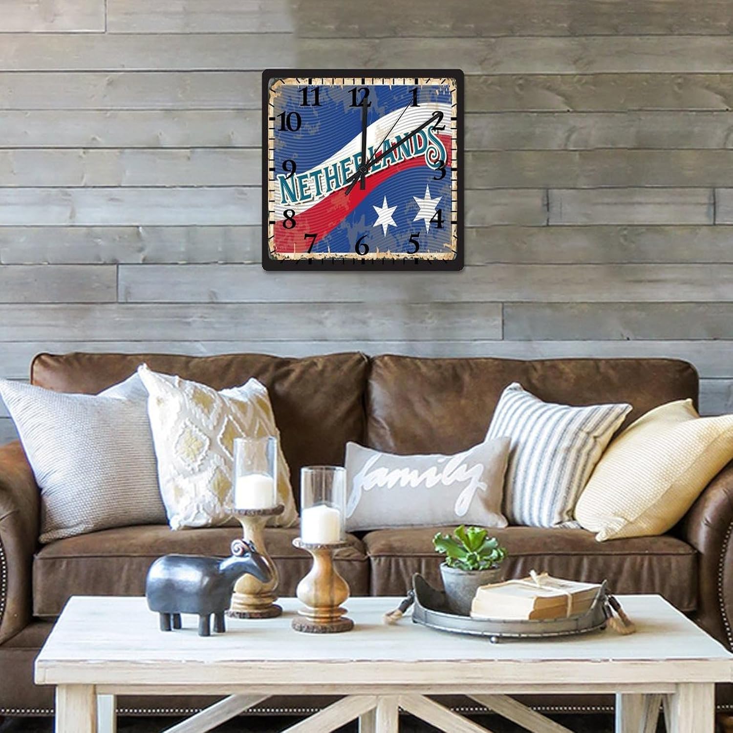 Netherlands Flag Clock Netherlands Large Wooden Wall Clock Battery Operated Silent 15 Inch Farmhouse Wall Clock Decorative for Home Kitchen Living Room Bedroom Office