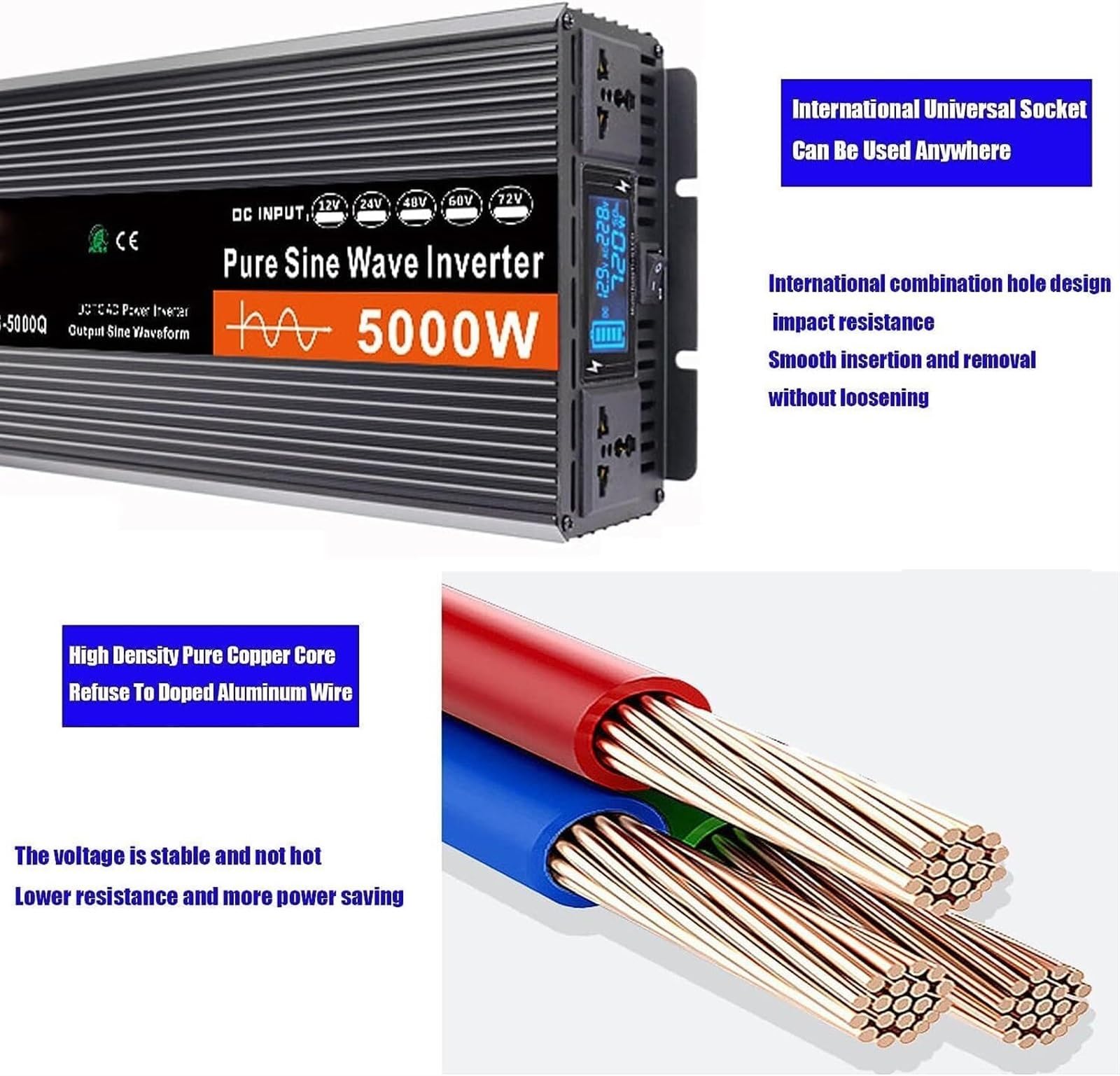 Falownik sinusoidalny 4000 W 5000 W 6000 W Przetwornica napięcia samochodowego 12 V 24 V 48 V 60 V 72 V do 220 V 230 V Przetwornica prądu samochodowego DC na AC, do samochodów ciężarowych (Kolor: 60