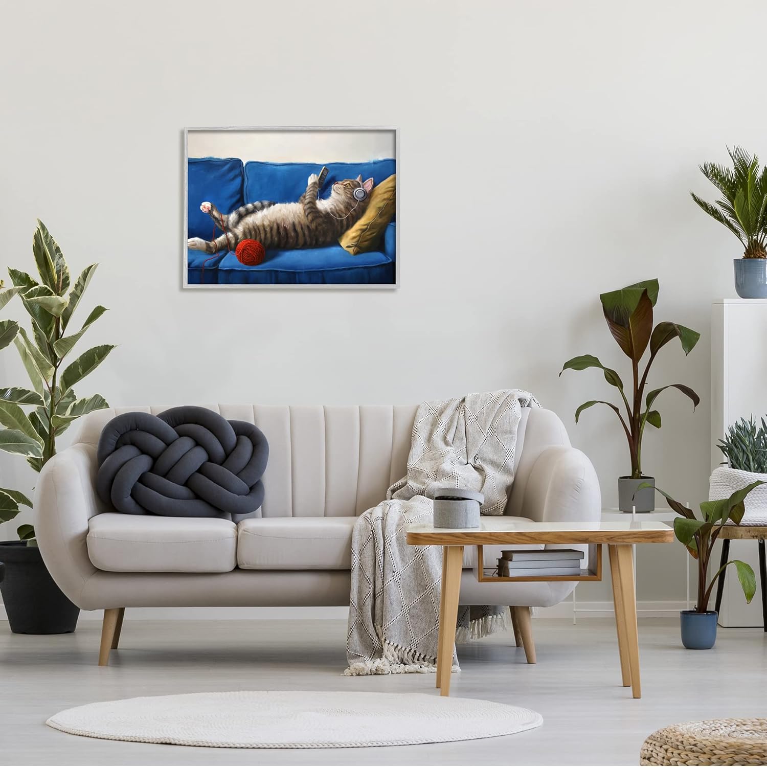 Stupell Industries Cat Couch Relaxing Red Yarn Ball Pet Portrait Grey Framed Wall Art, 30 x 24, Blue