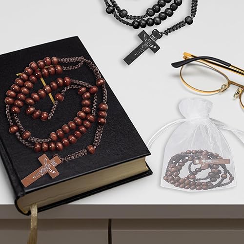 Miniatura 4 de Juego de 80 cuentas de rosario de madera a granel, rosarios católicos de Jesús, Santa Cruz, Primera Comunión, Rosario tallado en madera con bolsas