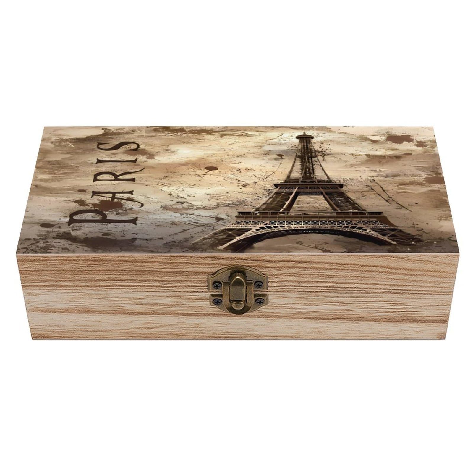 asbwuo Paris Eiffel Tower Wood Keepsake Box Wooden Box with Hinged Lid