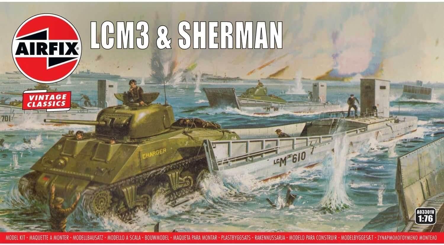 Airfix Vintage Classics LCM3 & Sherman 1:76 WWII Military Ground & Water Vehicles Plastic Model Kit A03301V, Unpainted
