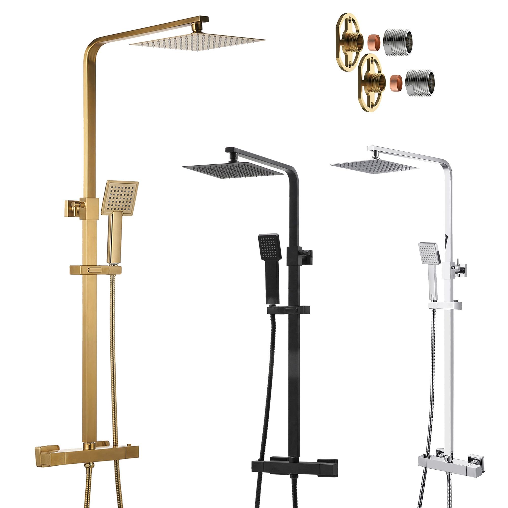 The Home Store Brushed Brass Square Thermostatic Shower Kit Twin Head Overhead Rigid Riser - Chrome Matt Black (Brushed Brass)