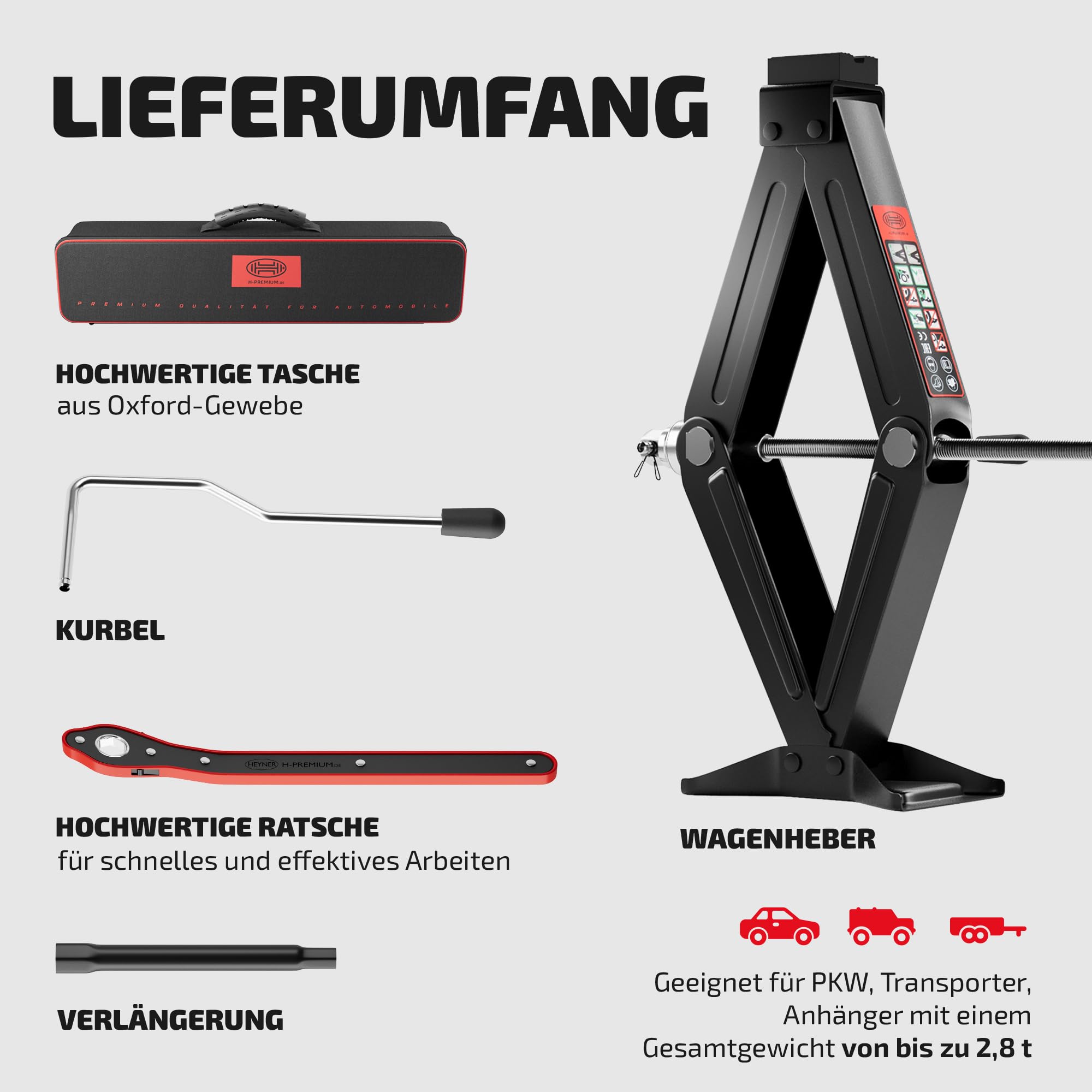HEYNER® Scherenwagenheber 2t Wagenheber inkl. Tasche, TÜV & GS, 17mm Ratsche, Kurbel und Gummiauflage, Hubhöhe: 98-442mm Scherenheber Bordwerkzeug Autoheber