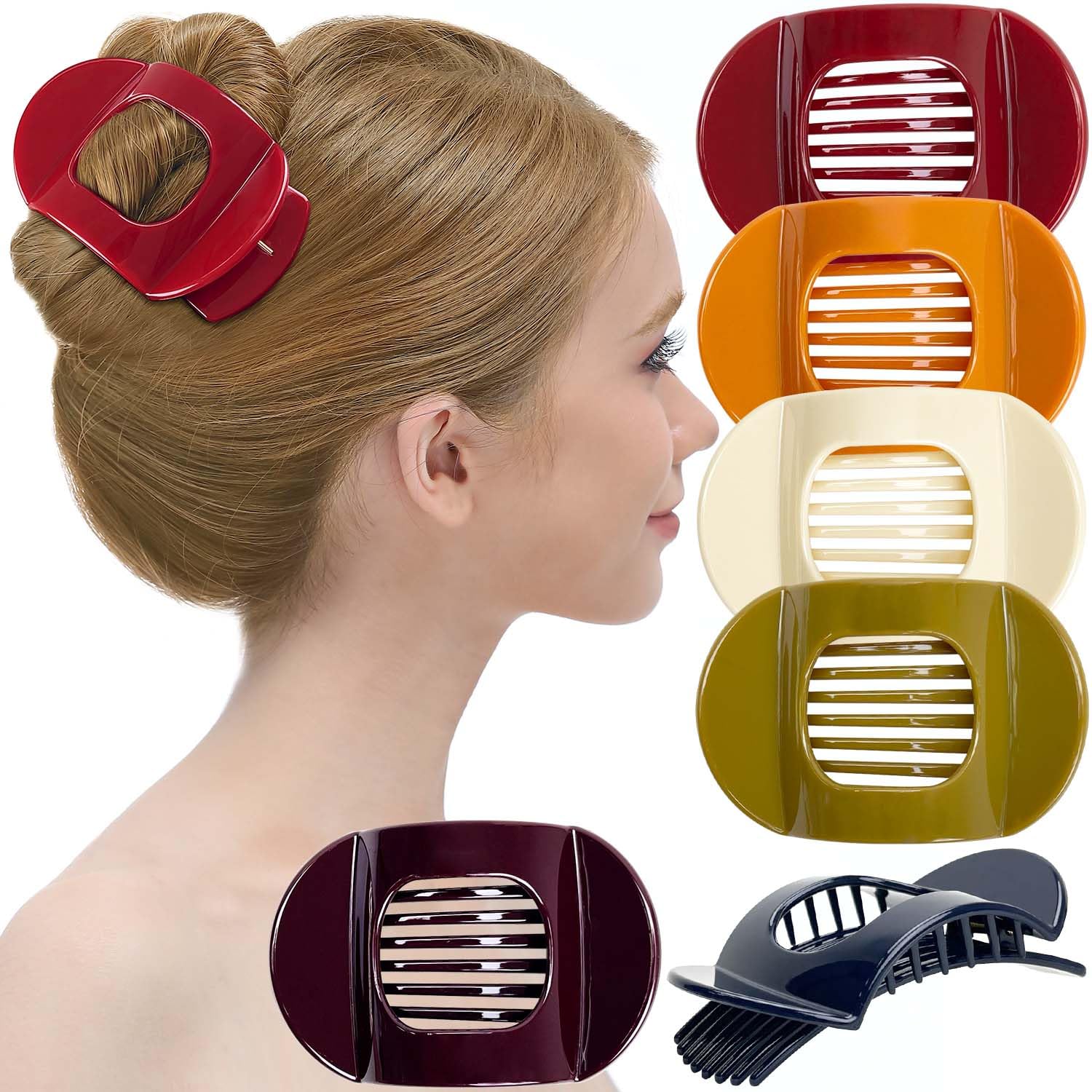 RC ROCHE 6 Pcs Flat Hair Clips Claws for Women Round French Thick Hair Duckbill Square Secure Strong Hold Grip Clamps Barrettes Curved No Slip No Crease Styling, Large Classic Multicolor