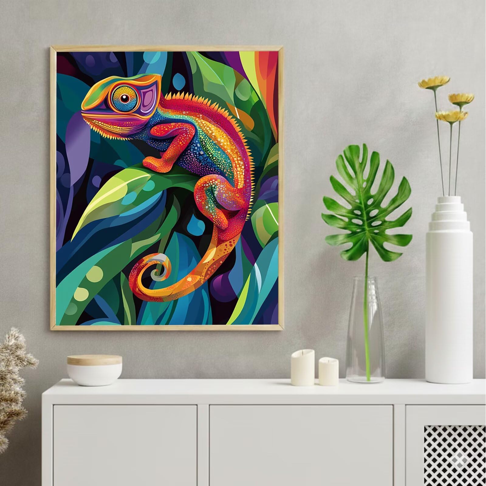 Dipingere con i Numeri Adulti Colorato, Kit di Pittura a Olio su Tela DIY con Pennelli Pittura a Pigmento Acrilico, Paint by Numbers Camaleonte Disegno, Regalo Creativo 70x100cm (Senza Cornice)-#891k