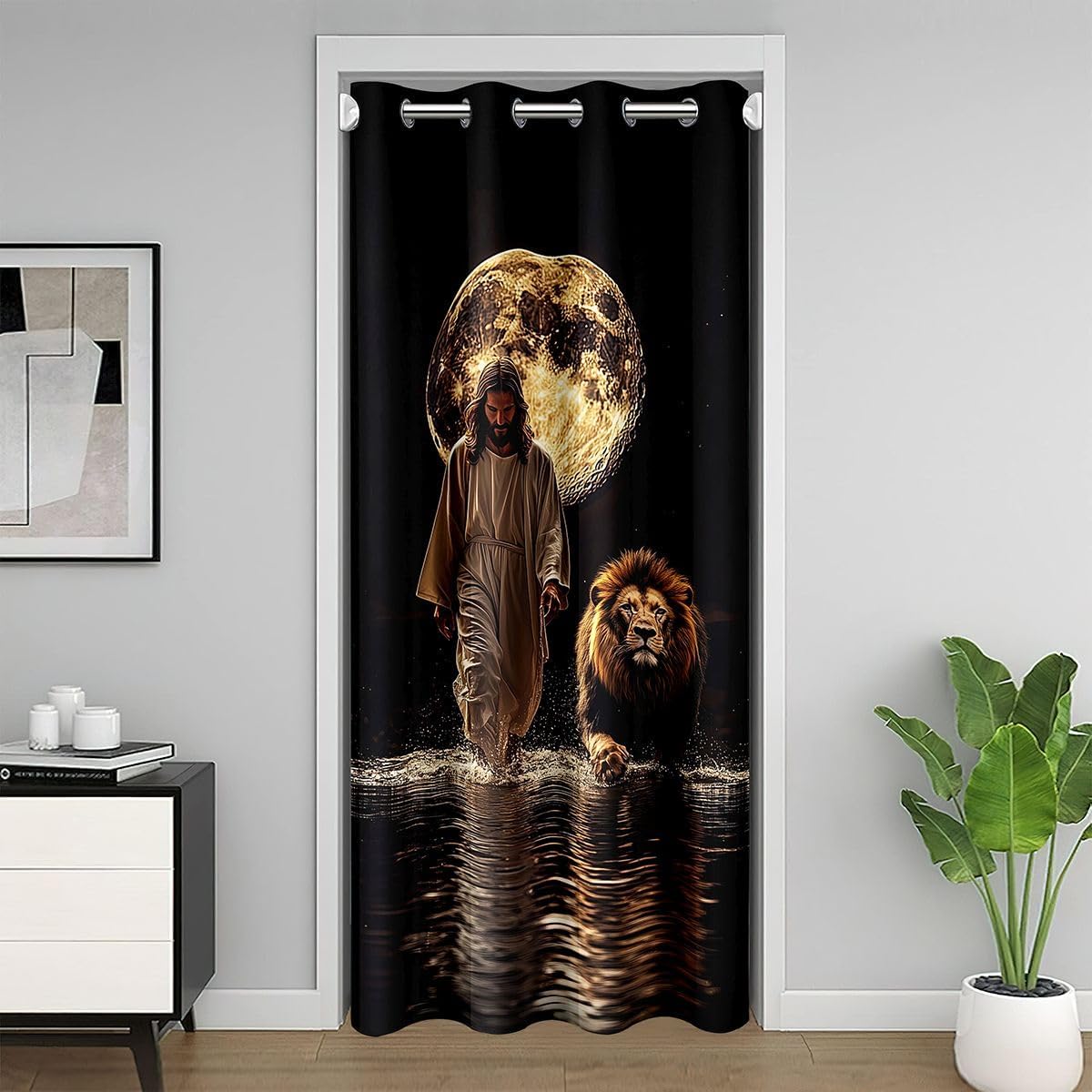 Manfei God and Lion Kids Door Curtain,Walking on Water Western Blackout Curtain,Moon Wild Animal Spiritual Bedroom Doorway Living Room Decor,Black Privacy Door Drape 1 Panel,34" W X 80" L