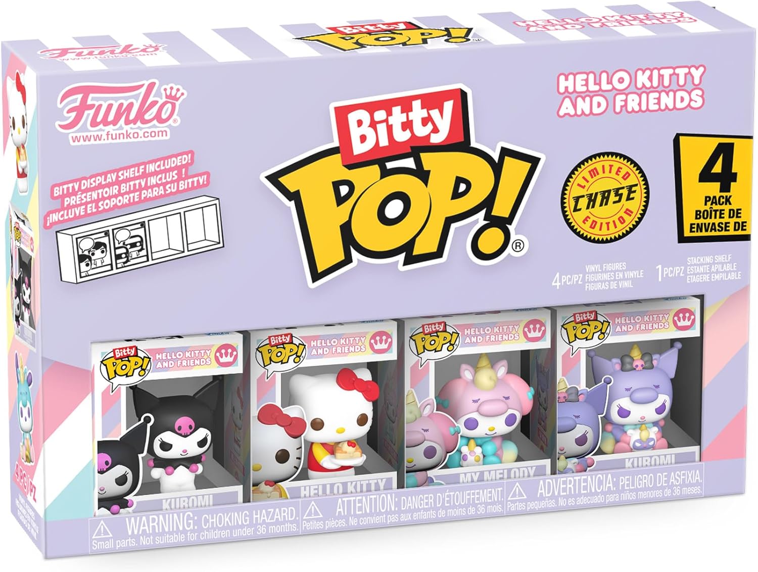 Funko Pop! Bitty: Sanrio - Kuromi, Hello Kitty (Ice Cream), My Melody (Unicorn Party), and Chase Mini Figure - 0.9 Inch (2.2 Cm) - Hello Kitty Collectable - Stackable Display Shelf Included