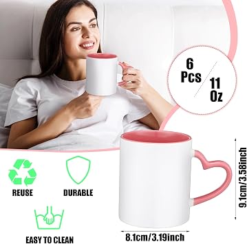 Mifoci 6 Pack Sublimation Mugs Bulk, 11 oz Blanks Sublimation Coffee Mugs with Heart Handle White Ceramic Coffee Cup for Mother Teacher School Office Employees Gifts(Multicolor)