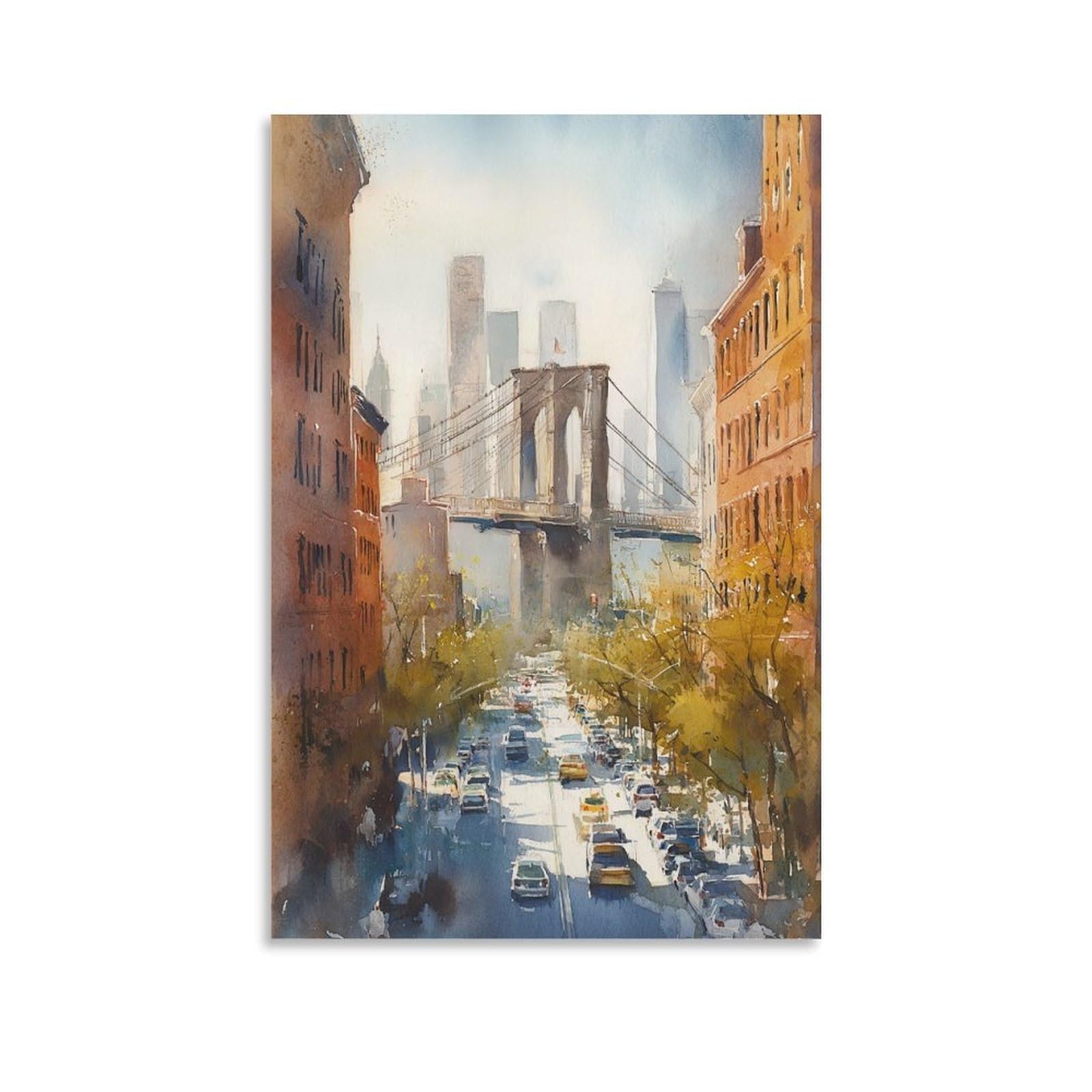 XWYMXZ Brooklyn Bridge Watercolor Painting New York Travel Poster 24x36inch(60x90cm) Vintage Watercolor Canvas Art