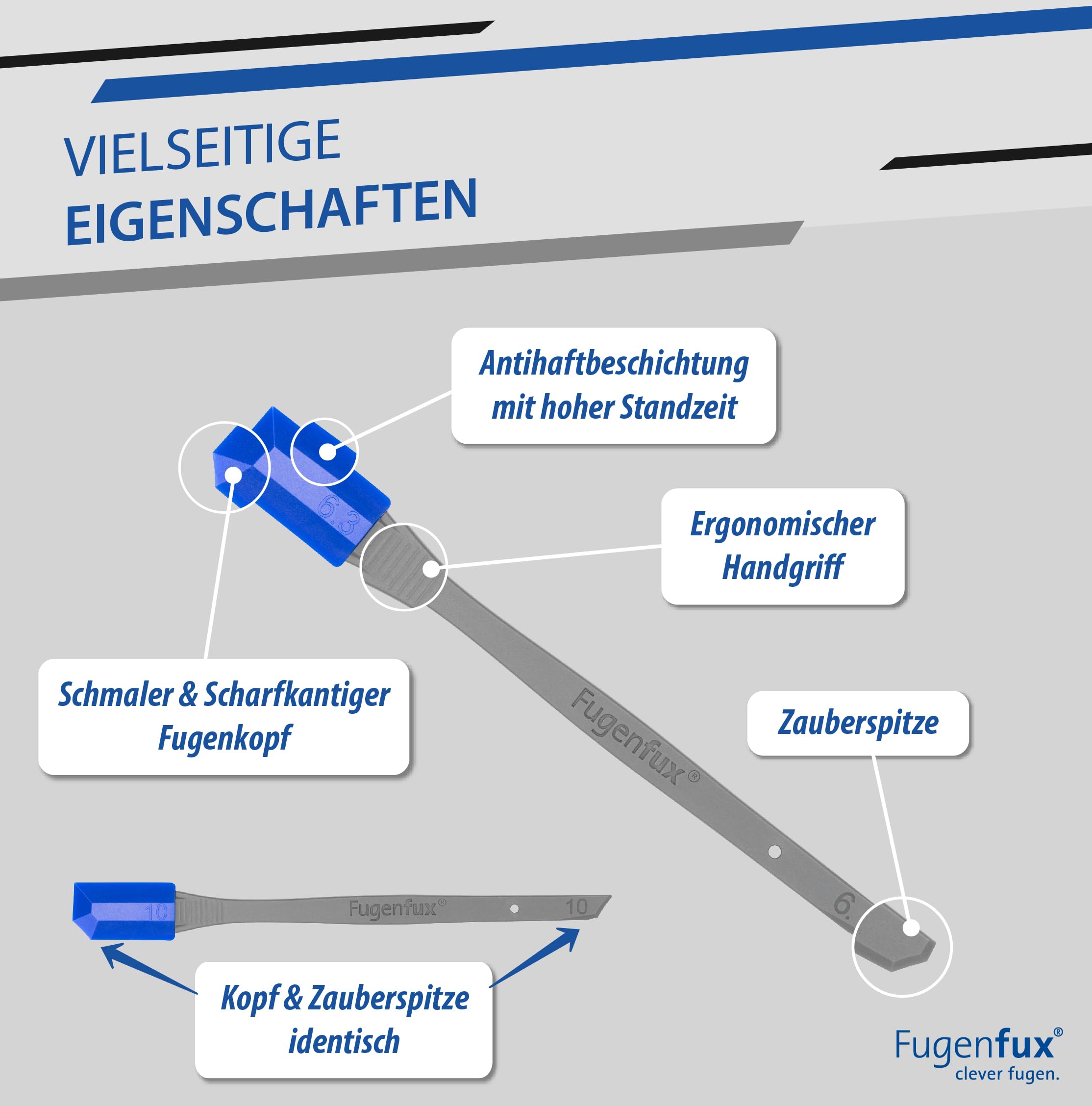 KLASSIK (PLUS) FUGENFUX® 5er Set – Fugenglätter | Fugenabzieher mit Revolutionärer Zauber-Spitze für Extrem Enge Stellen | 5 optimierte Spezial-Fugenköpfe | Made in Germany | Für sämtliche Dichtstoffe