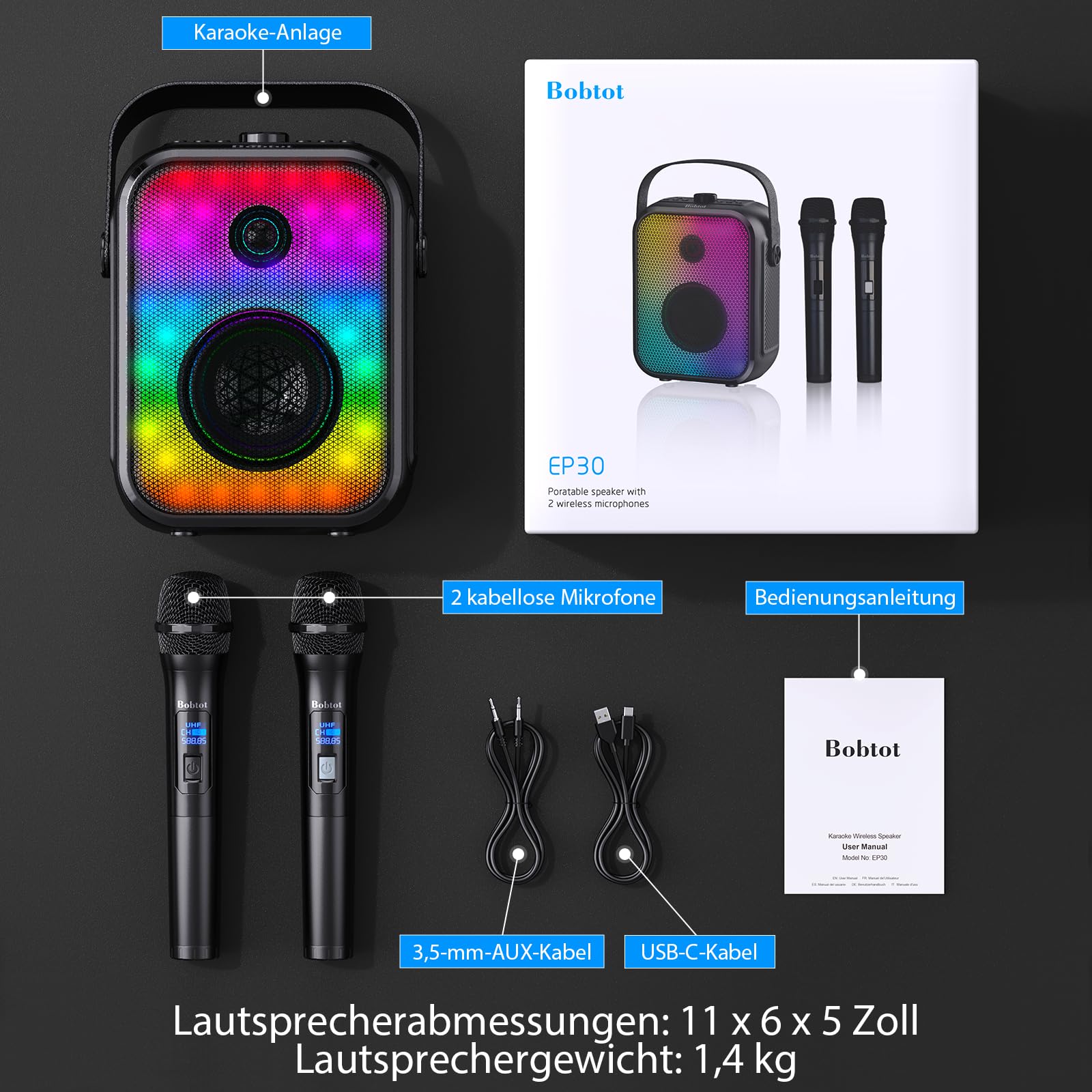Karaoke Maschine für Erwachsene mit 2 kabellosen Mikrofonen, tragbarer Bluetooth-Lautsprecher mit Stereo-Kopplung, Bassregelung, LED-Beleuchtung und Unterstützung für FM/USB/AUX | Tragbarer Bluetooth-Lautsprecher mit Bass-Anpassung, LED, unterstützt FM/US