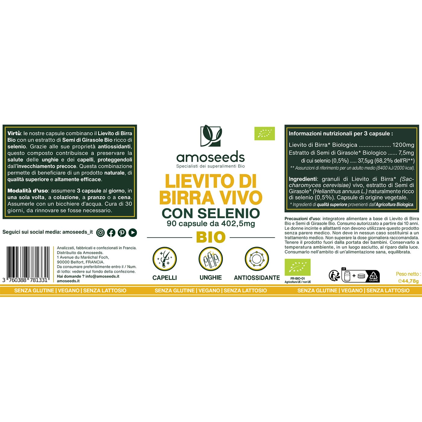 Lievito di Birra Vivo BIO | Bellezza dei Capelli e delle Unghie | Lievito Attivo, 1200mg / giorno | Ricco di Selenio | 90 capsule vegane | Qualità superiore