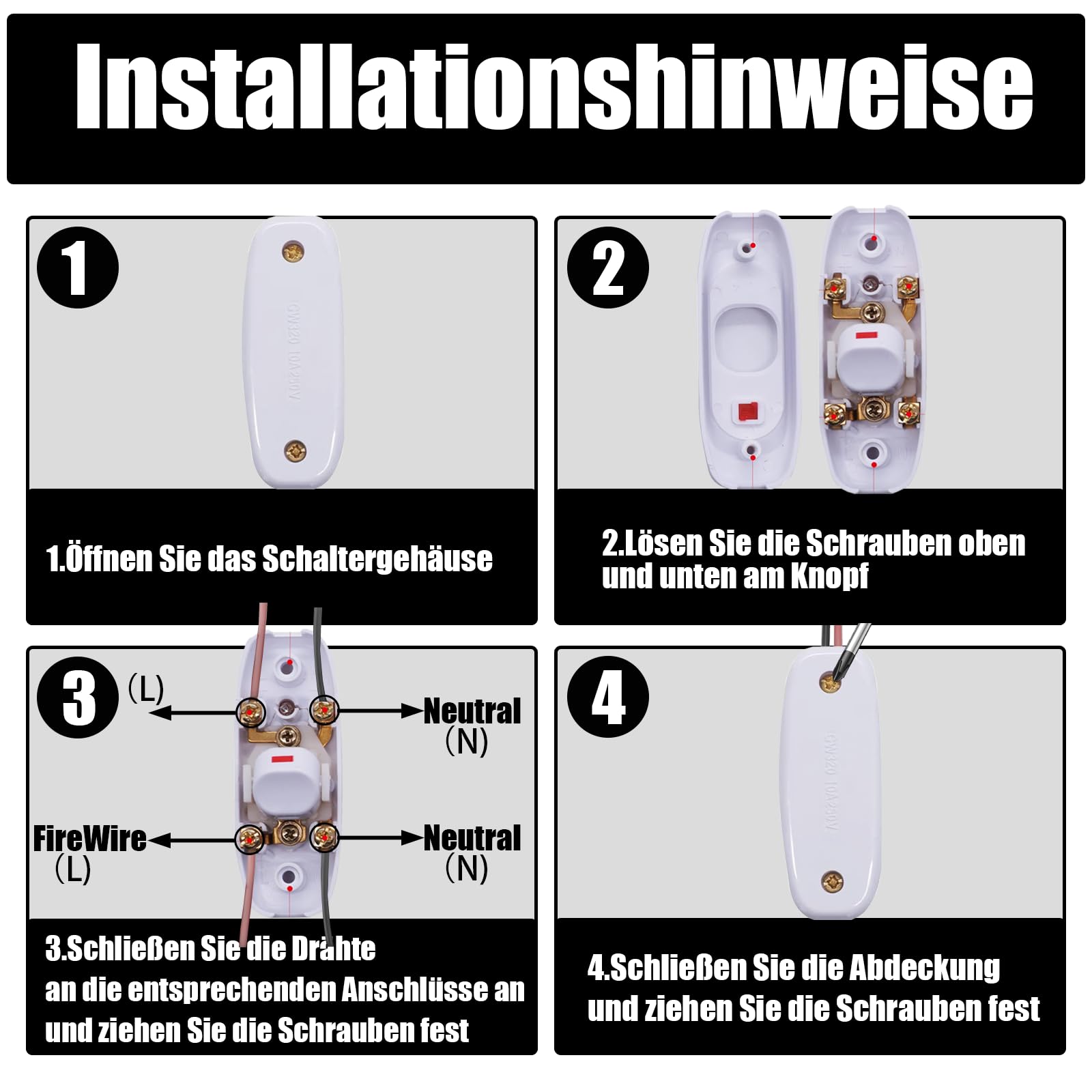Powice 2 x przełącznik pośredni z czerwoną lampką kontrolną, przełącznik żyłowy 10 A, przełącznik 230 V, przełącznik kablowy, odpowiedni do 2-żyłowych kabli zasilających i małych urządzeń lub lamp