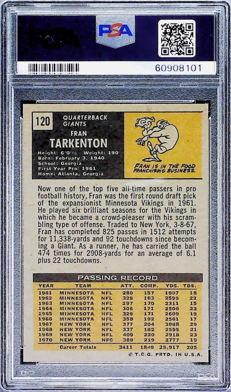 1971 Topps Football #120 Fran Tarkenton New York Giants PSA 7 NM Trading Card