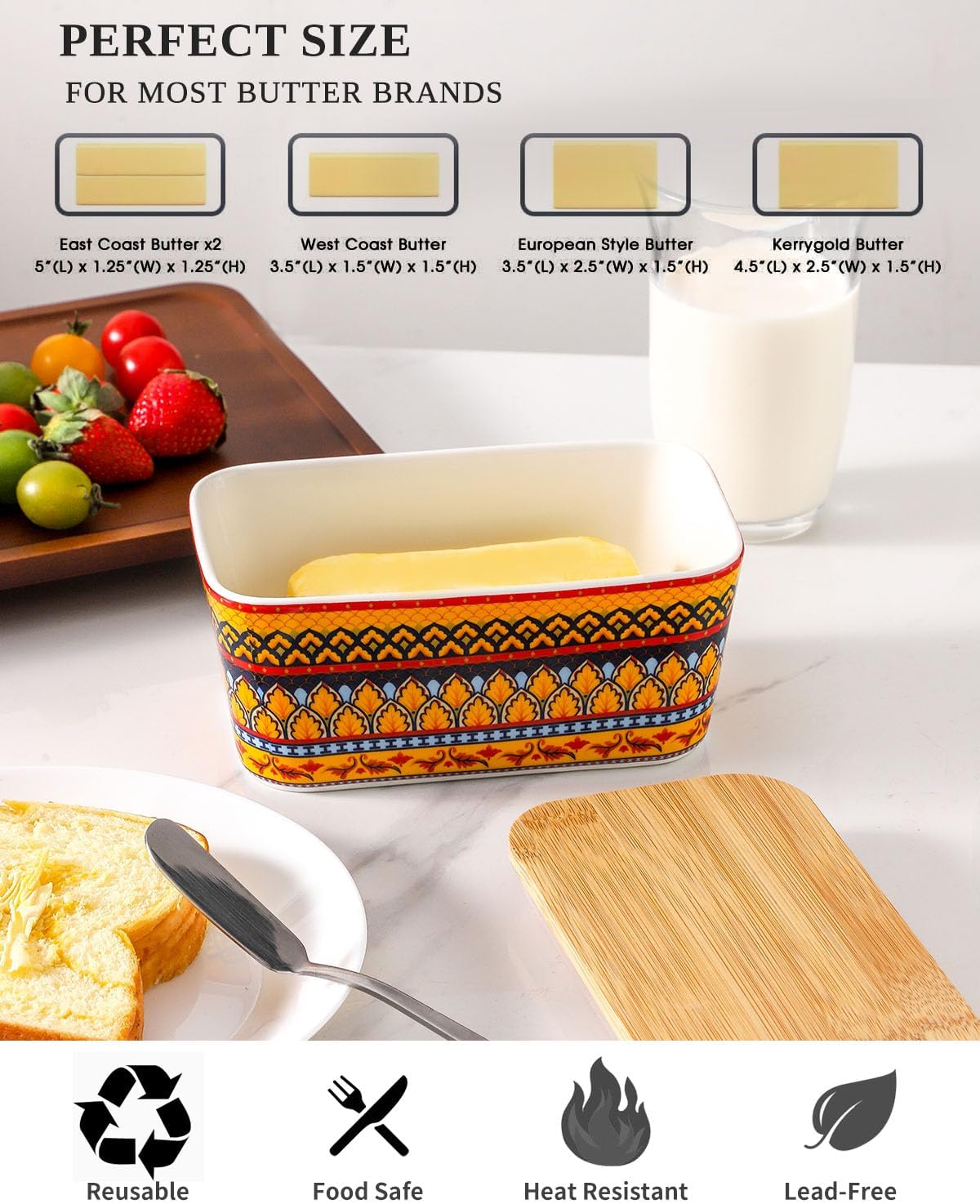 Butter Dish, Large Ceramic Bohemian Butter Dish with Lid for Countertop, Airtight Butter Container Holder Keeper Box Storage with Bamboo Cover and Silicone Ring for East West Coast