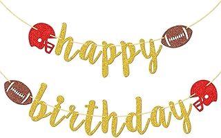 Happy Birthday Football Banner - Touchdown Party Decorations, Gold Glitter