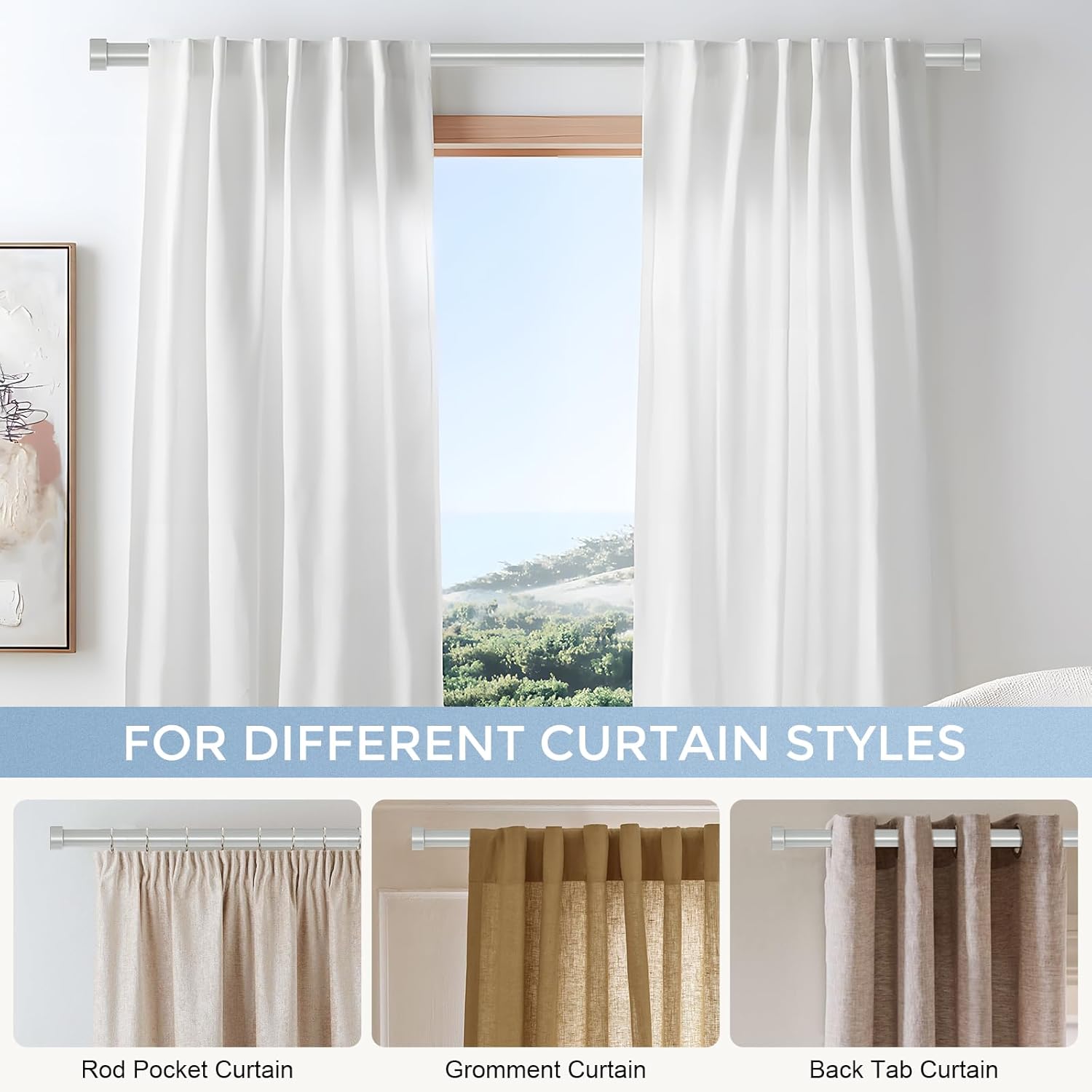 VOIIY 2 Pack Curtain Rods for Windows 48 to 84 Inch(4-7 Feet),Silver 1'' Diameter Drapery Rods with End Cap Style Design,Modern Adjustable Heavy Duty Curtain Rod,Size:36''-88''
