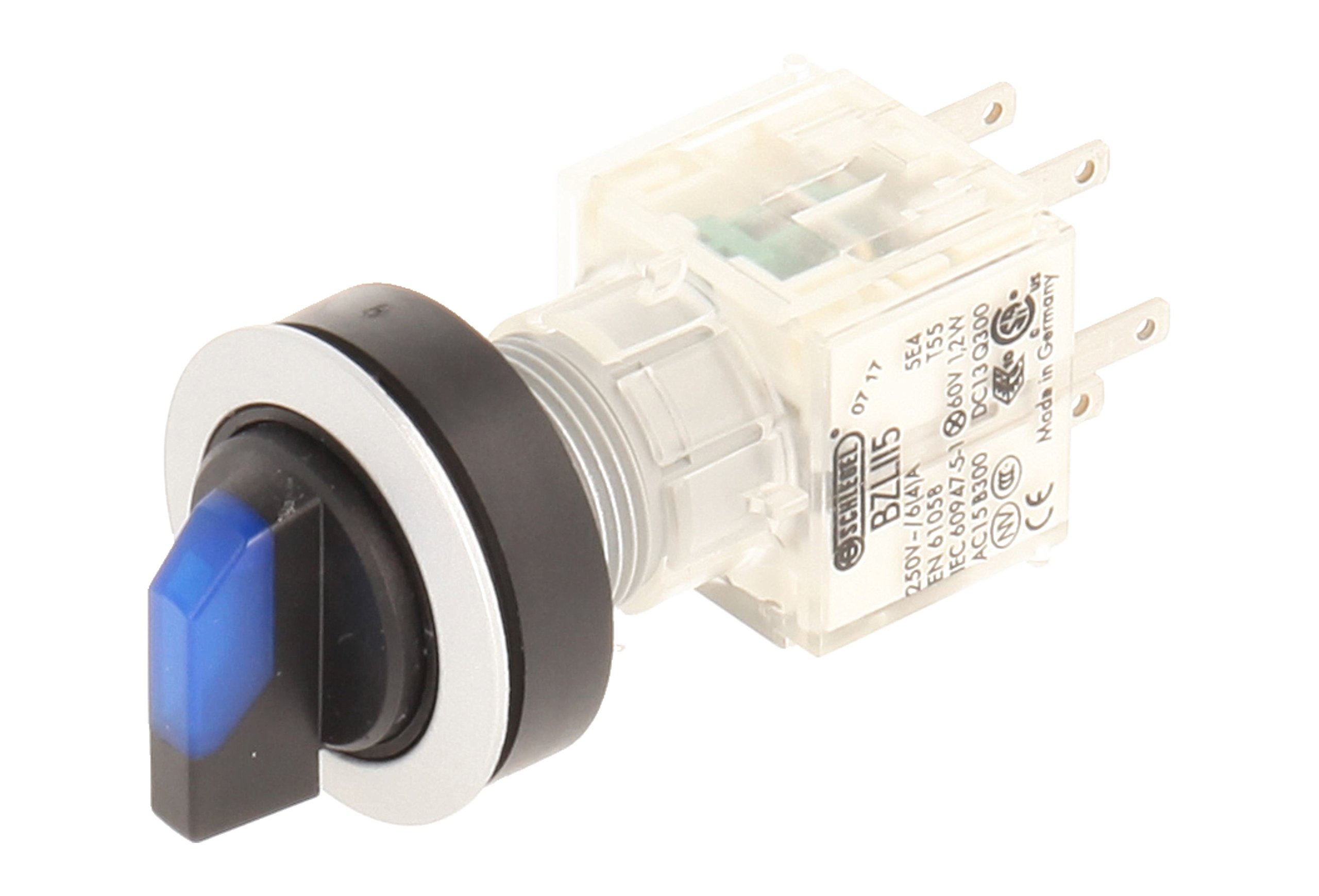 Club 23.001.215 Light Selector Latching rastend, 3 Positions Momentary Contact Sensor 2 Closers With Lamp Socket t5,5 K, LED, 24 V, BLUE/SILVER