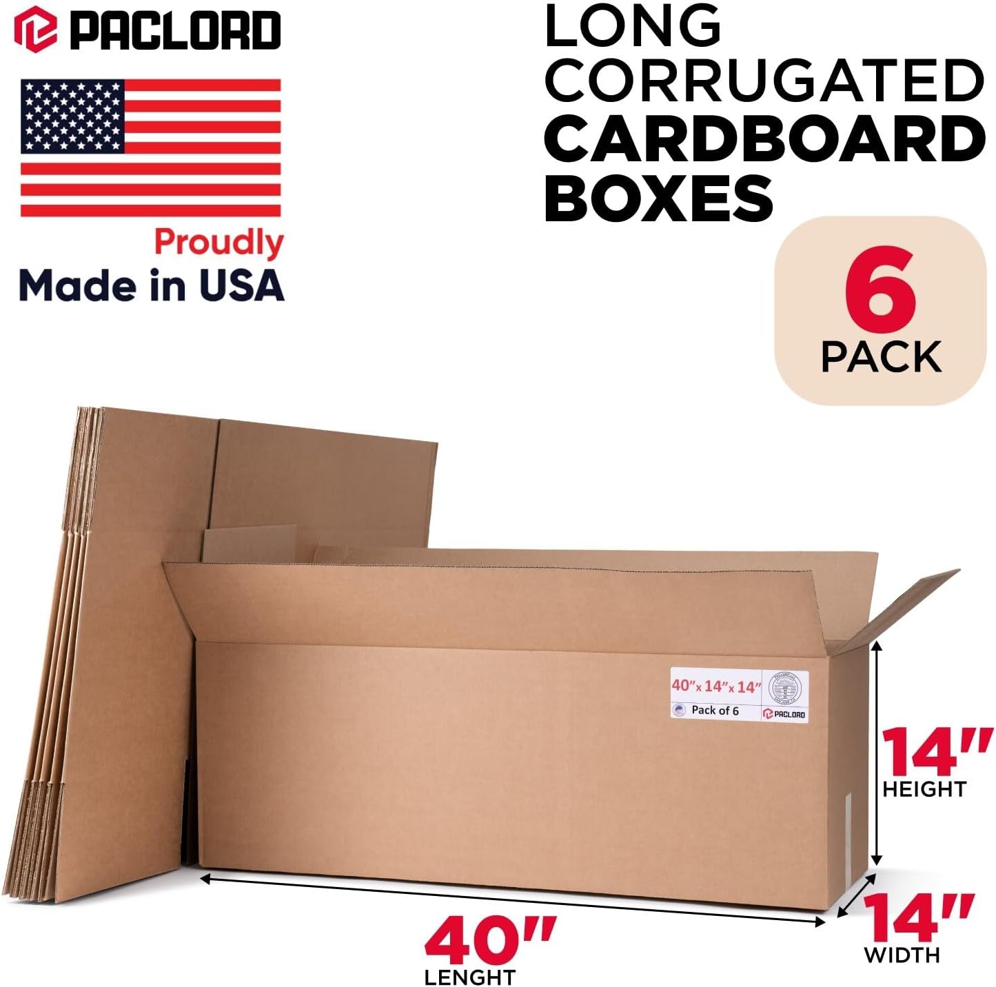Long Cardboard Boxes 14"L x 14"W x 40"H (Pack of 6) - USA-Made Packing Boxes for Moving, Shipping, or Storage - USPS, UPS, FedEx Approved - Professional Packing Supplies for Moving
