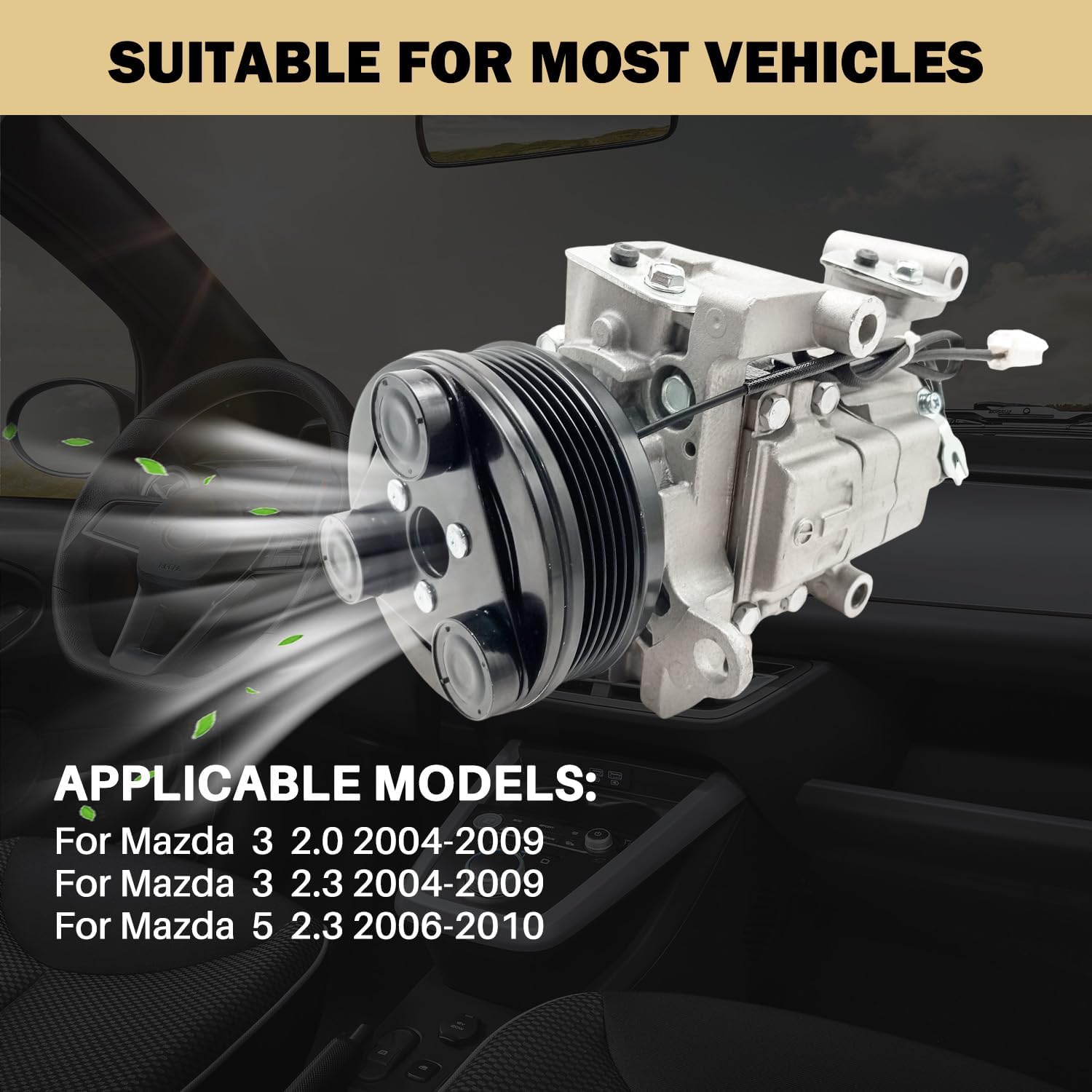 Air Conditioner AC Compressor with Clutch for Mazda 3 2004-2009 2.0L 2.3L, for Mazda 5 2006-2010 2.3L, CO 10759C，Replaces BP4S61K00, CC4361450E