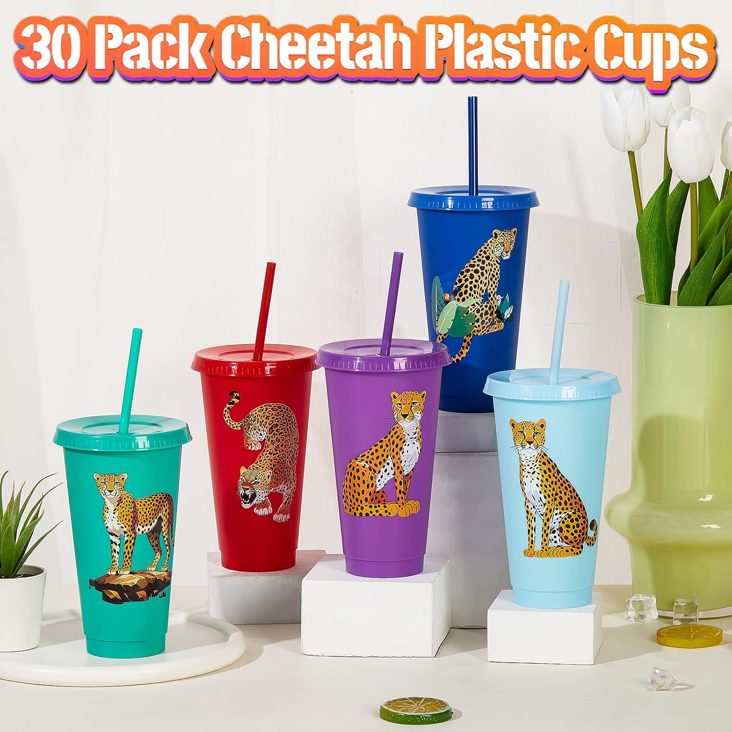 30 Pcs Cheetah Party Cups with Lid Straw 24 oz Plastic Drink Cups Reusable Bulk Leopard Tumblers for Cheetah Theme Party Favors Birthday Party Gifts