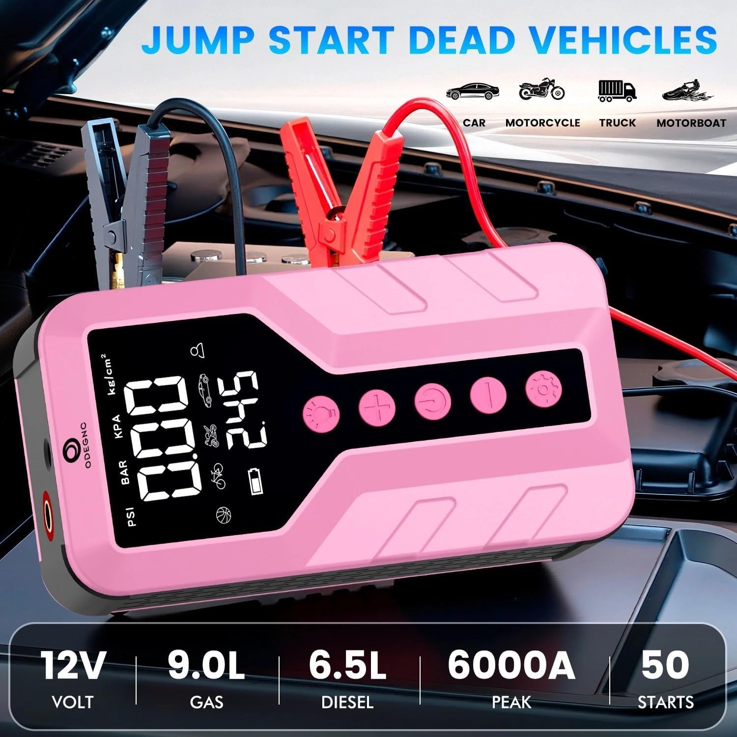 Jump Starter with Air Compressor for All-Terrain Vehicles, Deep Pink, Lithium Ion, 12 Volts, 6000 Amps Peak, 25000mAh