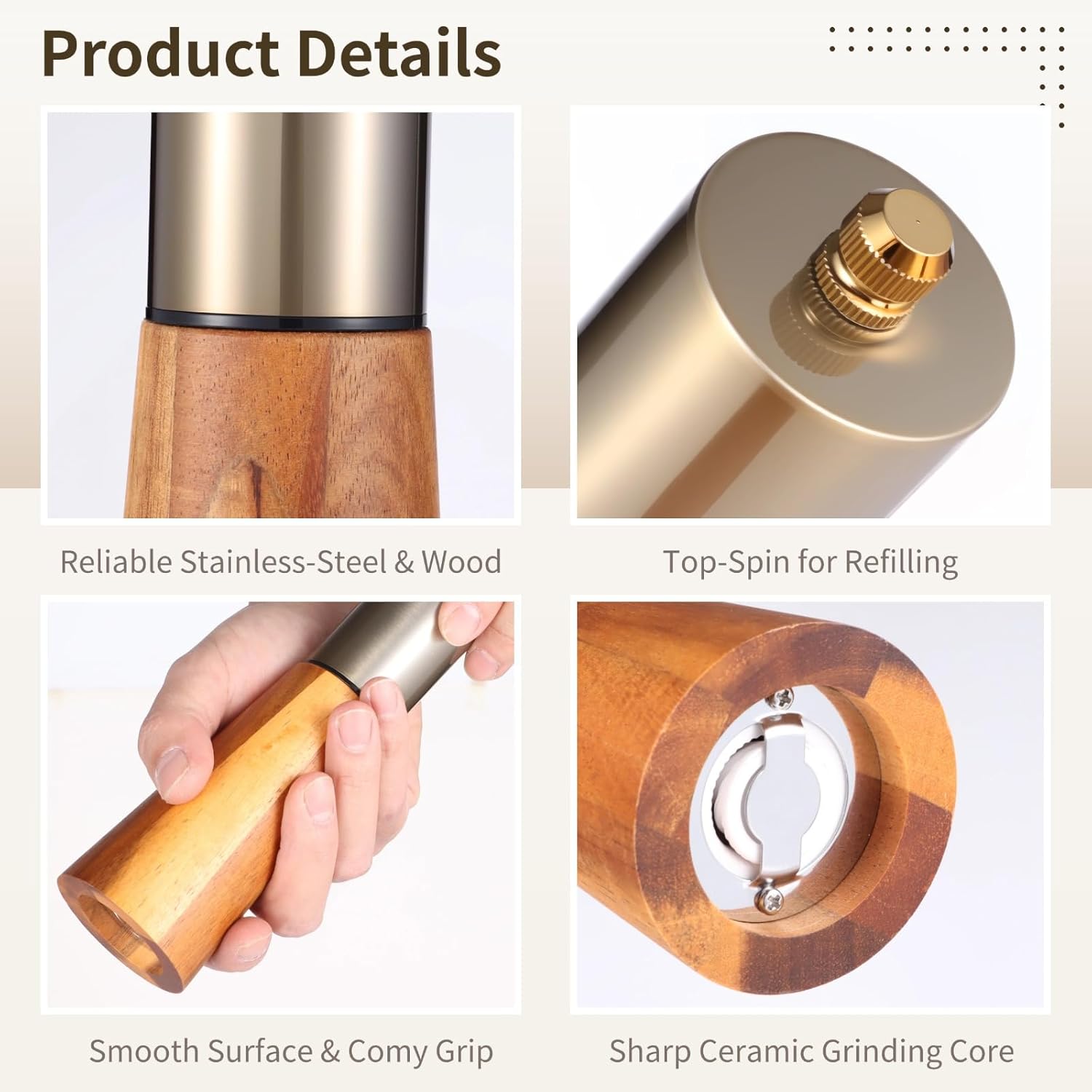 Pepper Grinder Set, 2 Pcs, Stainless Steel, Wooden, Refillable Ceramic-Core Grinder, Adjustable Coarseness, for BBQ and Kitchen Use