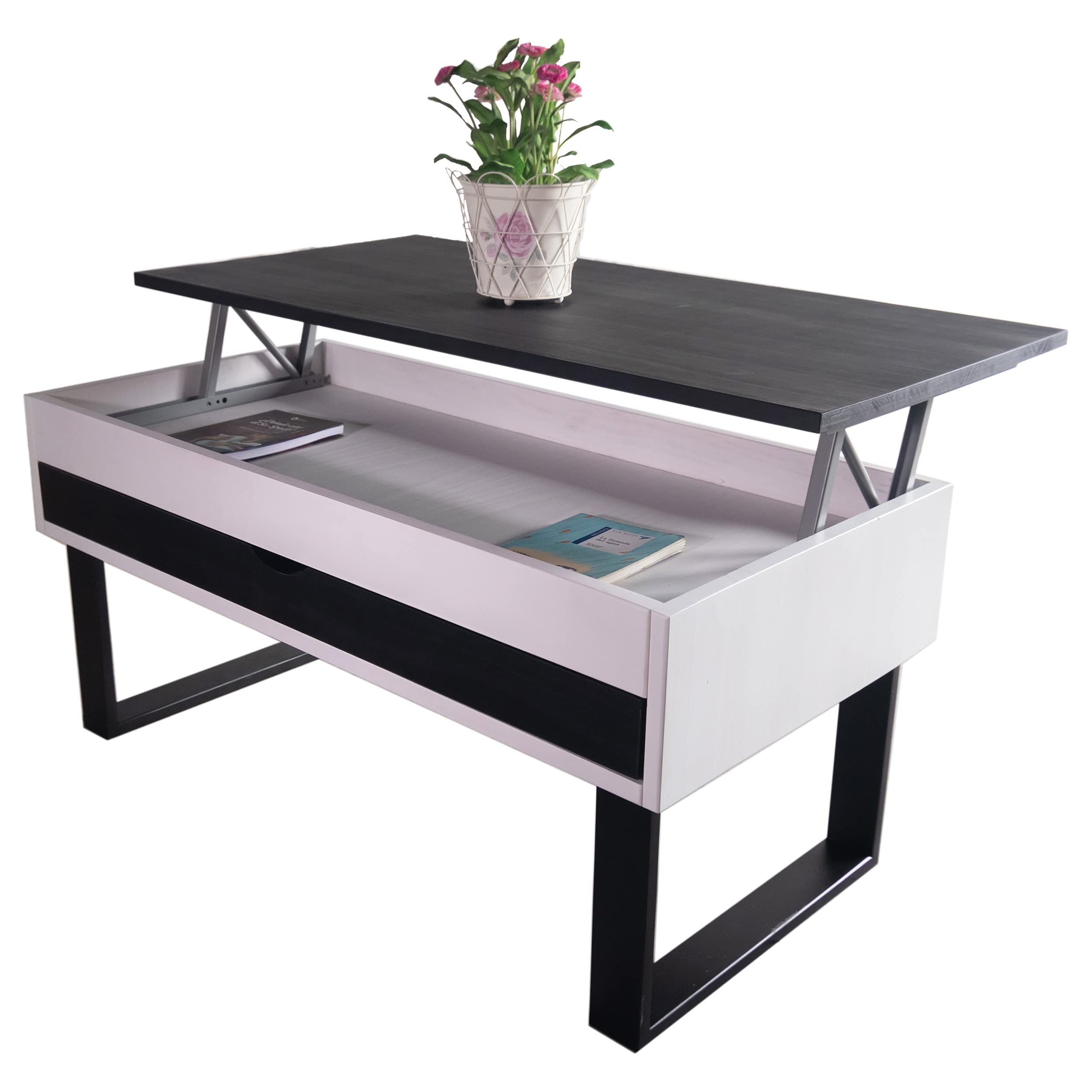LoMasCasa - Tavolo da salotto da centro collezione Sonka sollevabile con cassetto scorrevole in legno naturale massiccio disponibile in bianco e nero - 100 x 50 x 48 cm