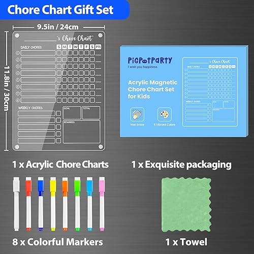 Miniatura 9 de PigPotParty Tabla Magnética de Tareas Acrílica para Niños en el Refrigerador – 9.5"x12" Tablero de Tareas de Borrado en Seco Diario y Semanal con 8